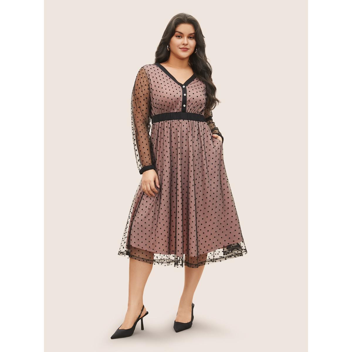 Plus Size Flocking Polka Dot Tiered Mesh Dress DustyPink Women At the Office Non V-neck Long Sleeve Curvy Midi Dress BloomChic 14-16/1X Product Image