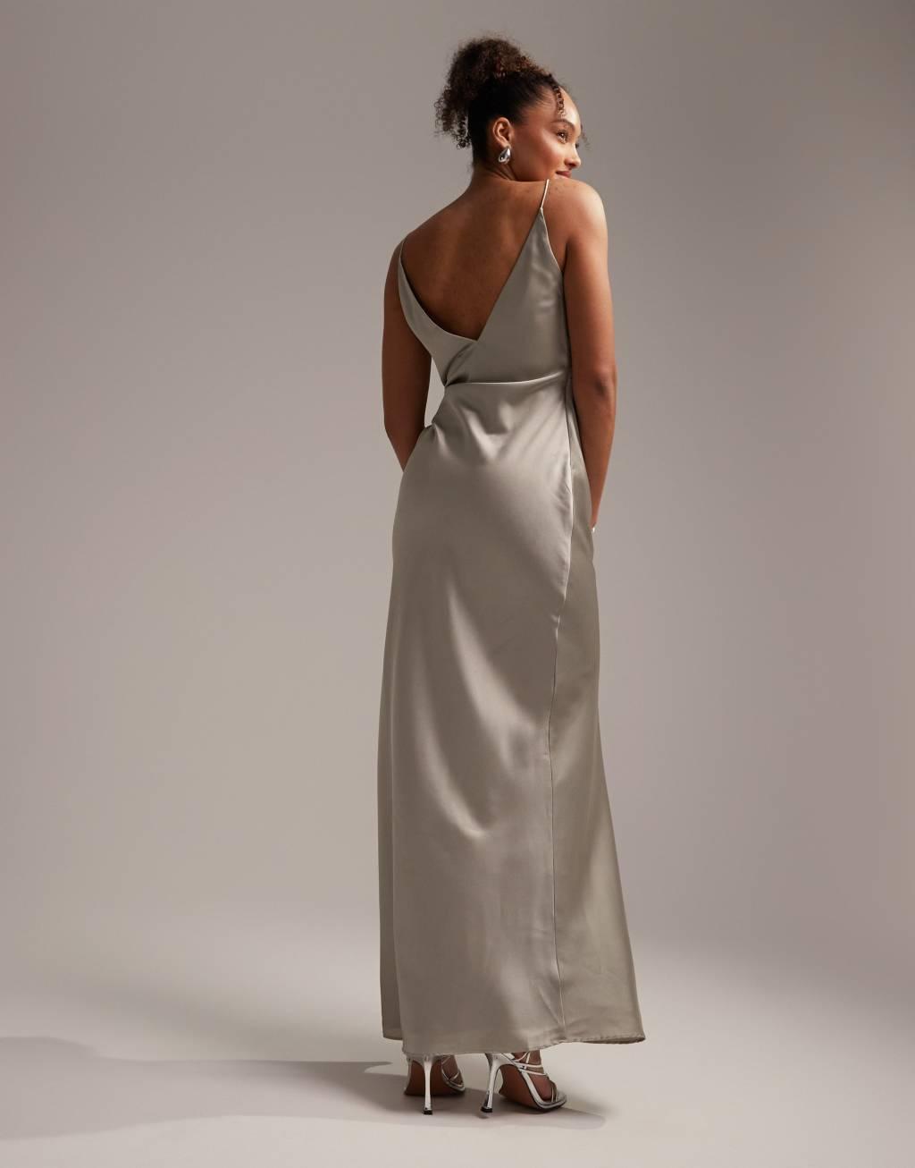 ASOS DESIGN Bridesmaid satin cami maxi dress with drape detail Product Image