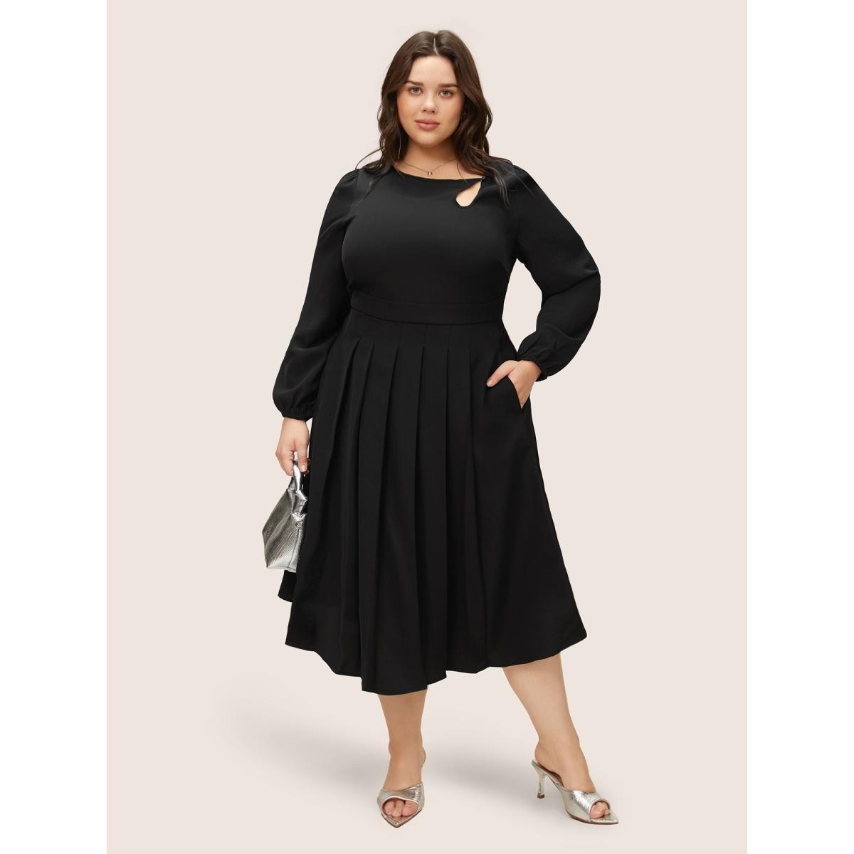 Plus Size Anti-Wrinkle Asymmetrical Neck Keyhole Pleated Hem Dress Black Women At the Office Non Asymmetrical Neck Long Sleeve Curvy Midi Dress BloomChic 14-16/1X Product Image