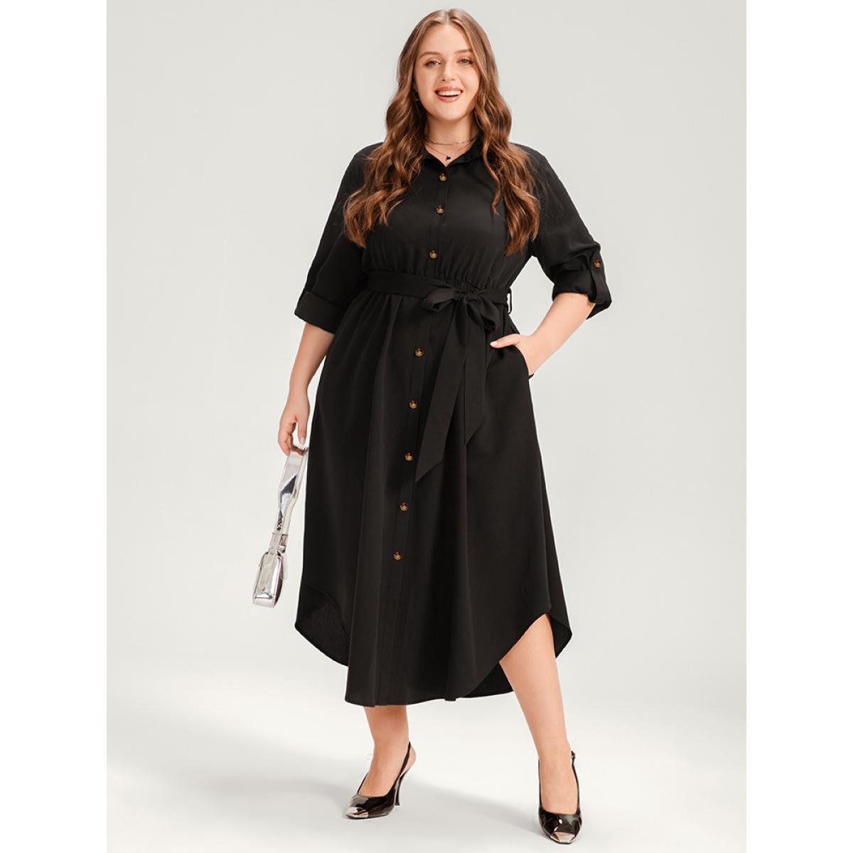 Plus Size Solid Shirt Collar Button Up Belted Arc Hem Dress Black Women Office Belted Shirt collar Long Sleeve Curvy Midi Dress BloomChic 26/4X Product Image