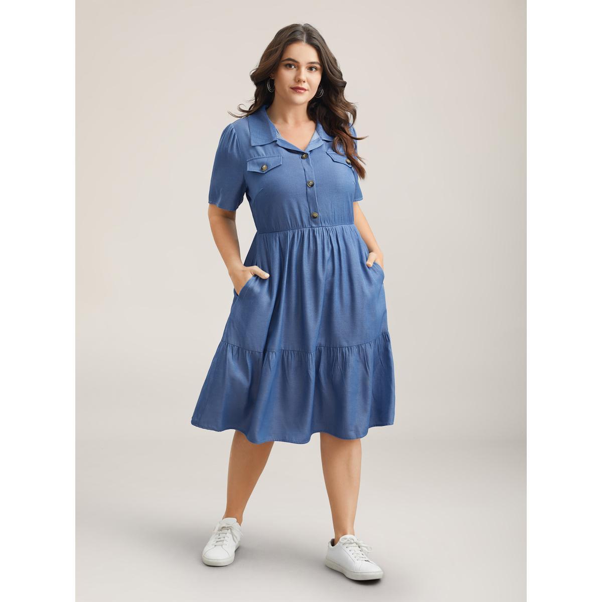 Plus Size Fake Denim Stretchy-Waist Placket Midi Dress LightBlue Women Casual Button Shirt collar Short sleeve Curvy BloomChic 30/6X Product Image
