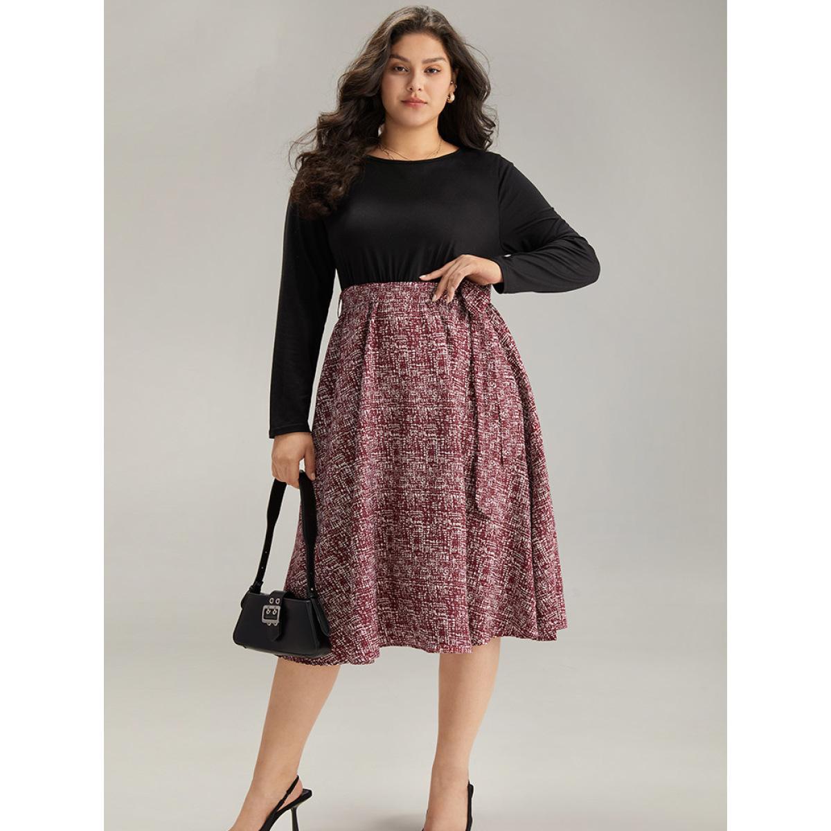 Plus Size Patchwork Contrast Belted Crew Neck Dress Black Women Office Belted Round Neck Long Sleeve Curvy Midi Dress BloomChic 26/4X Product Image