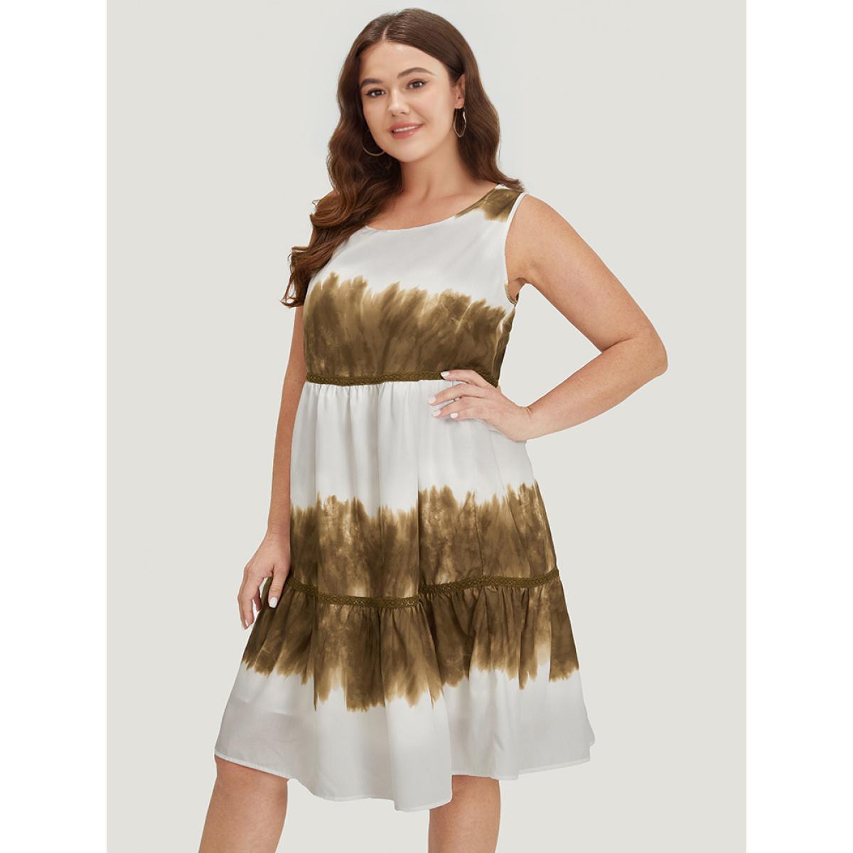 Plus Size Tie Dye Crochet Lace Ruffle Layered Hem Tank Dress Tan Women Elegant Patchwork Round Neck Sleeveless Curvy Knee Dress BloomChic 10/M Product Image