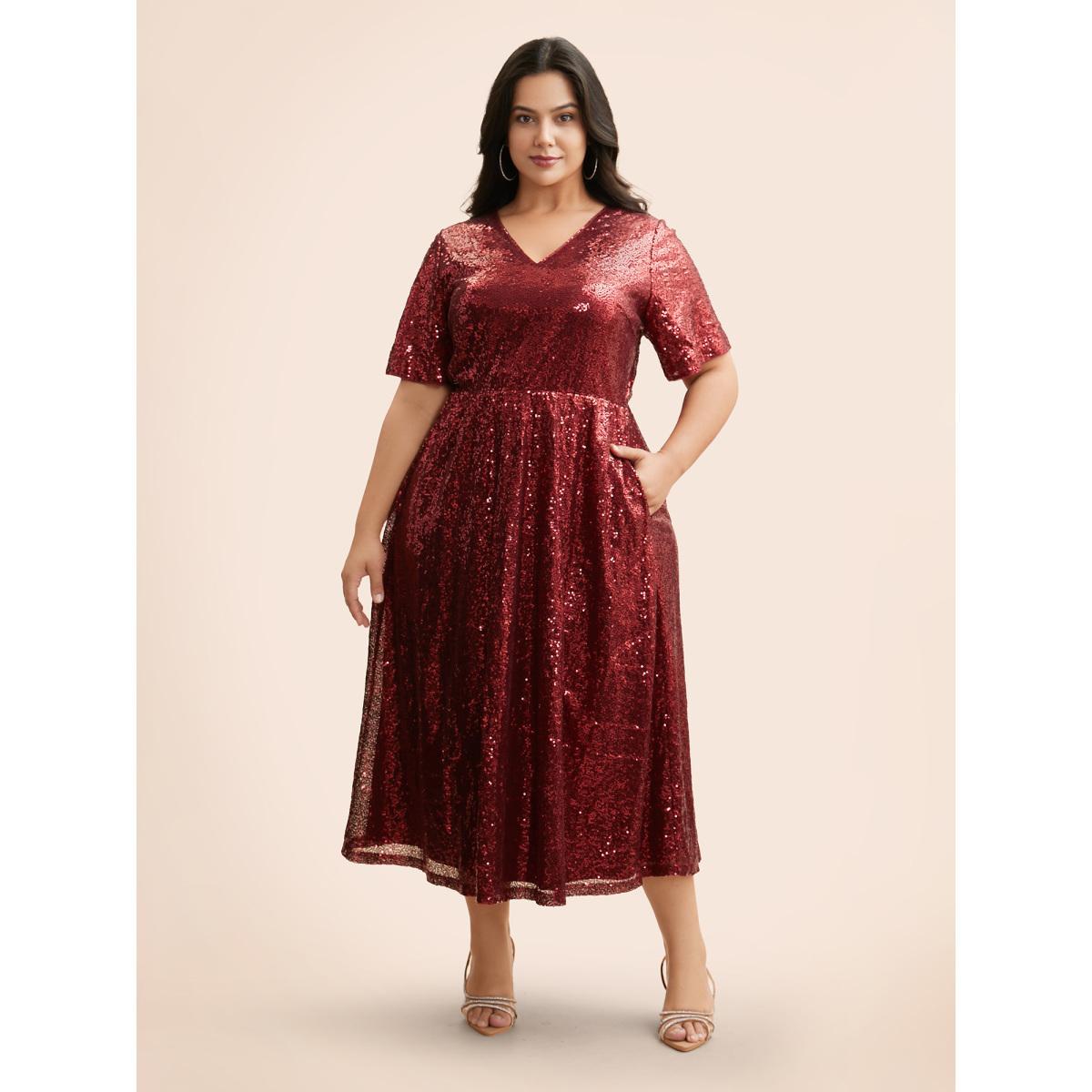 Plus Size Sequin V Neck Elastic Waist Dress Burgundy Women Cocktail Texture V-neck Short sleeve Curvy BloomChic 12/L Product Image