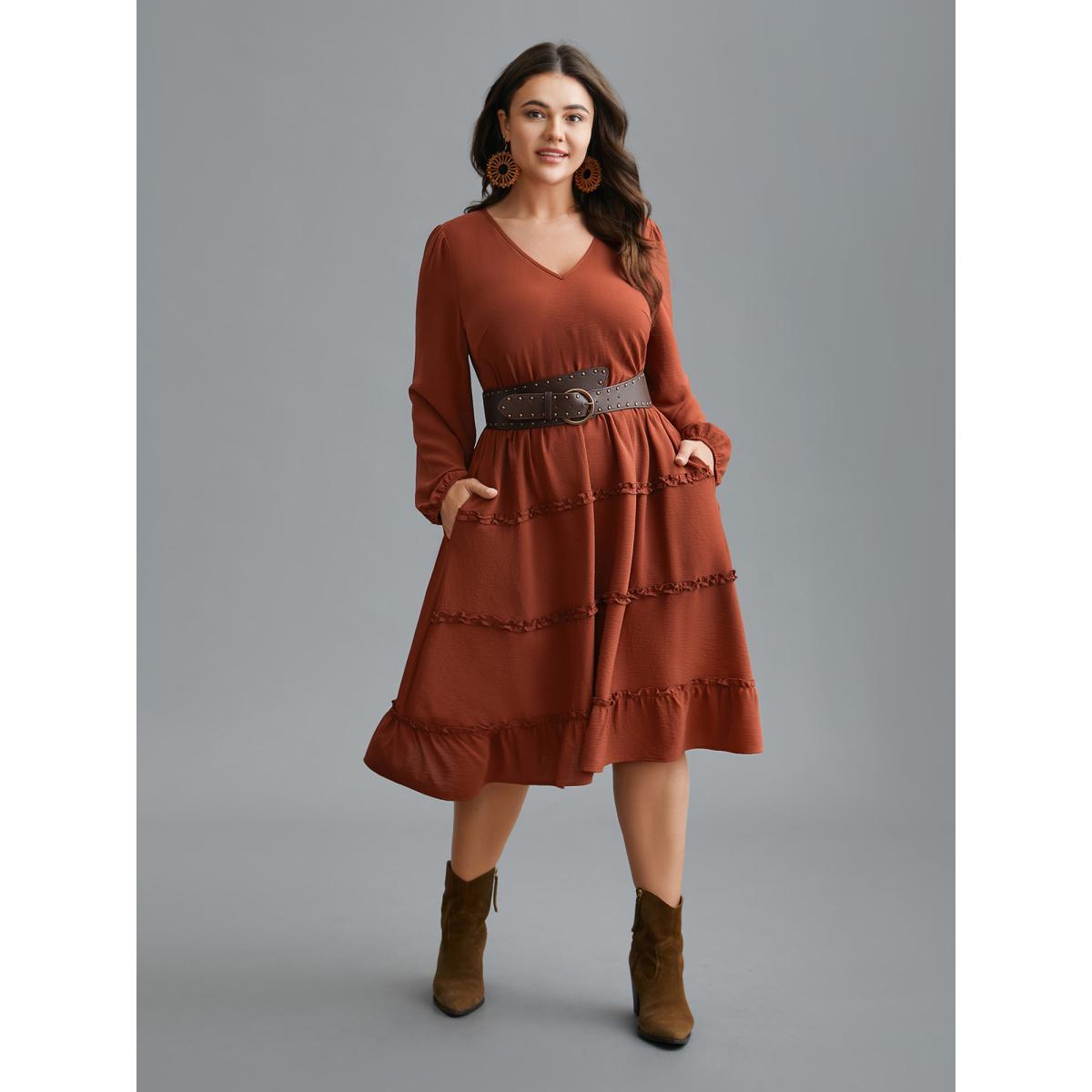 Plus Size Plain Frill Trim Ruffle Layered Hem Dress Russet Women Resort Gathered V-neck Long Sleeve Curvy BloomChic 26/4X Product Image