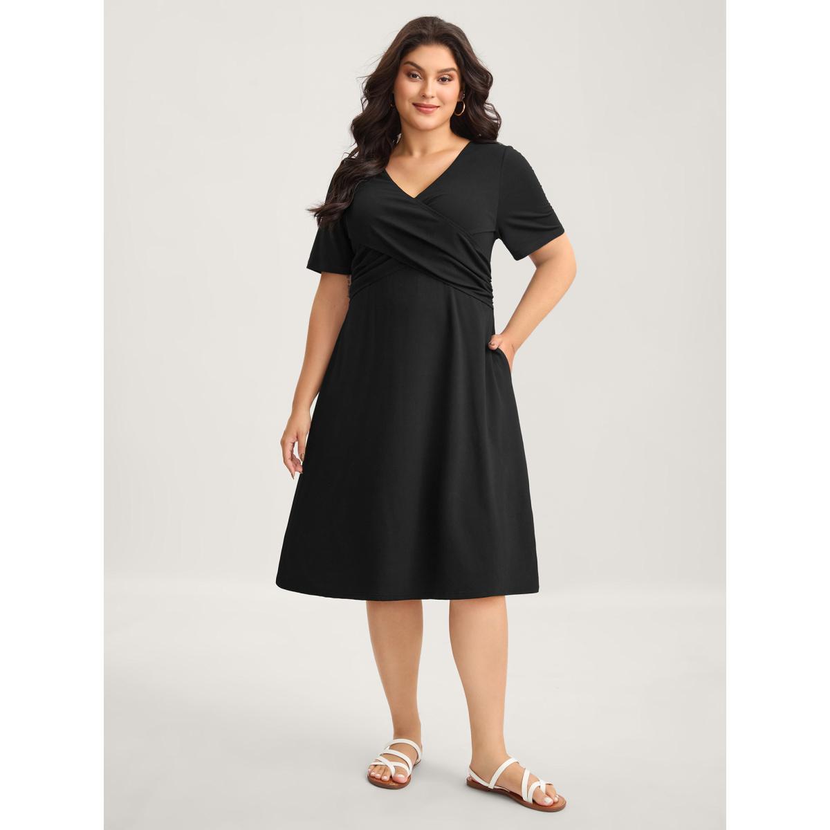 Plus Size Overlap Bodice Solid Knit Pockets Midi Dress Black Women Overlap Collar Short sleeve Curvy BloomChic 12/L Product Image