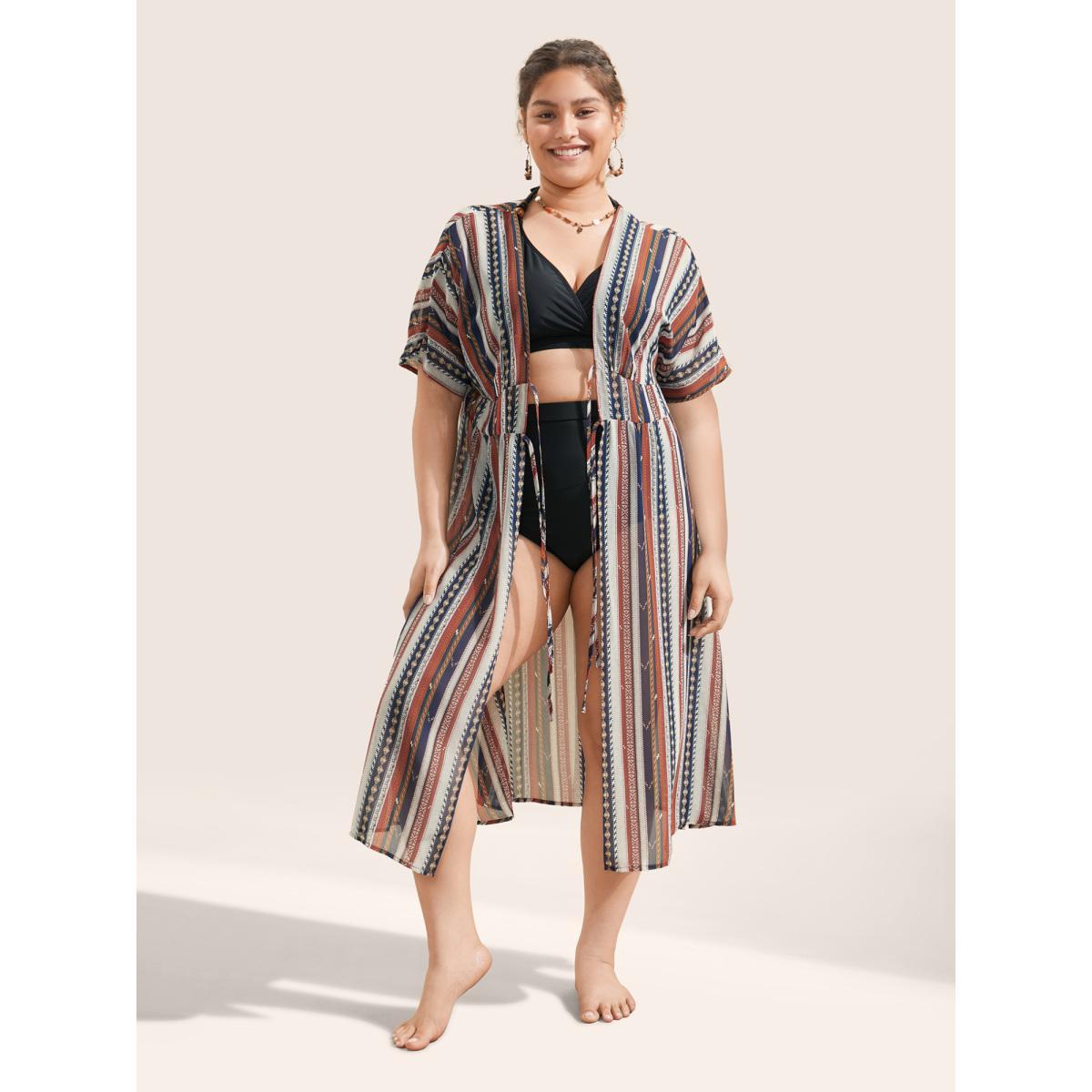 Plus Size Bandana Striped Ties Shirred Elastic Waist Kimono Women DarkBlue Resort Non Vacation Kimonos BloomChic 12/L Product Image