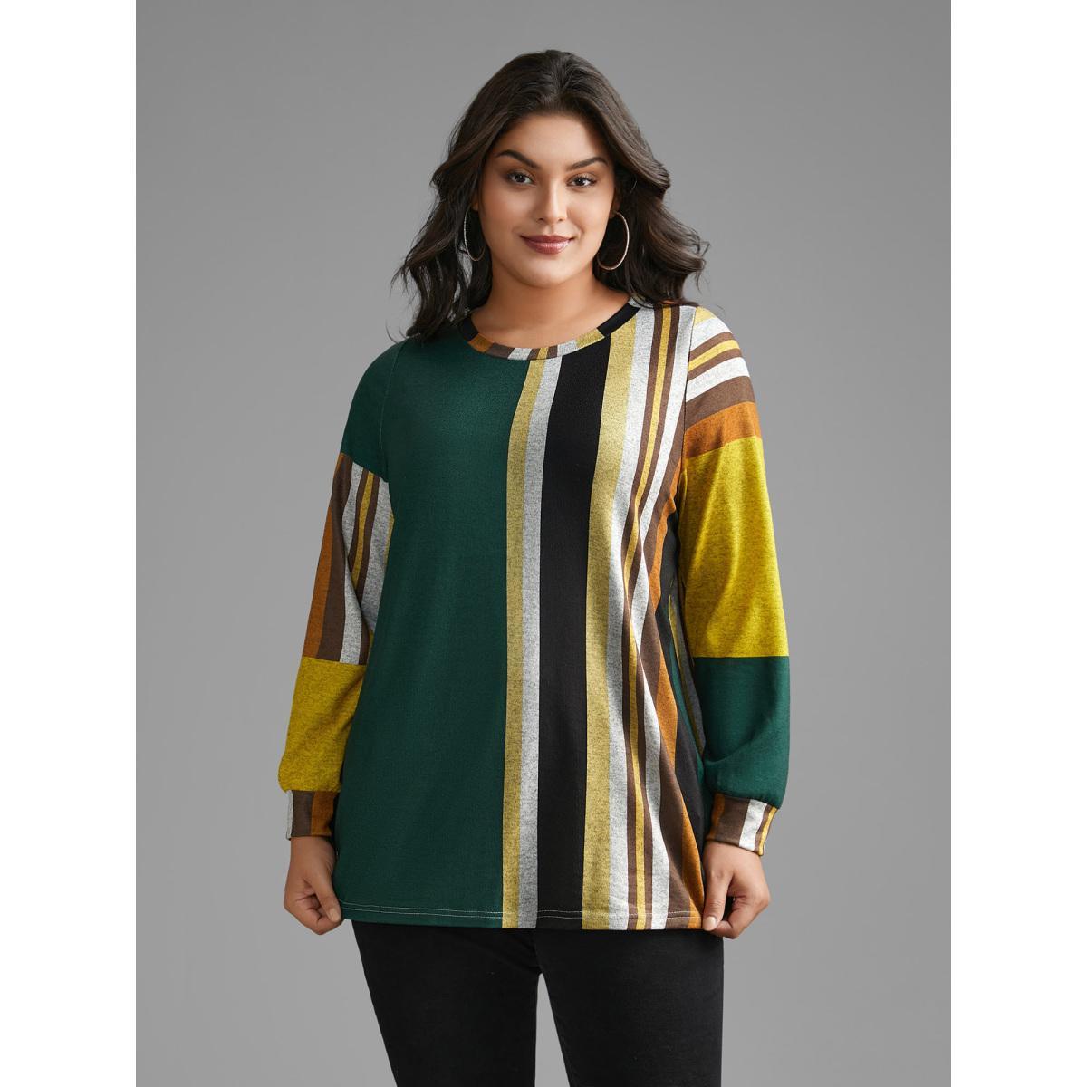 Plus Size Colored Striped Crew Neck T-shirt Multicolor Women Casual Contrast Round Neck Loose Everyday T-shirts BloomChic 10/M Product Image