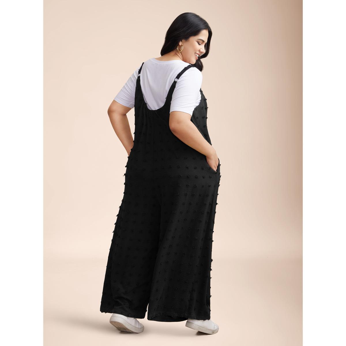 Plus Size Black Textured Cami Plunging Back Flared Jumpsuit Women Casual Sleeveless U-neck Everyday-Casual Loose Jumpsuits BloomChic 14-16/1X Product Image