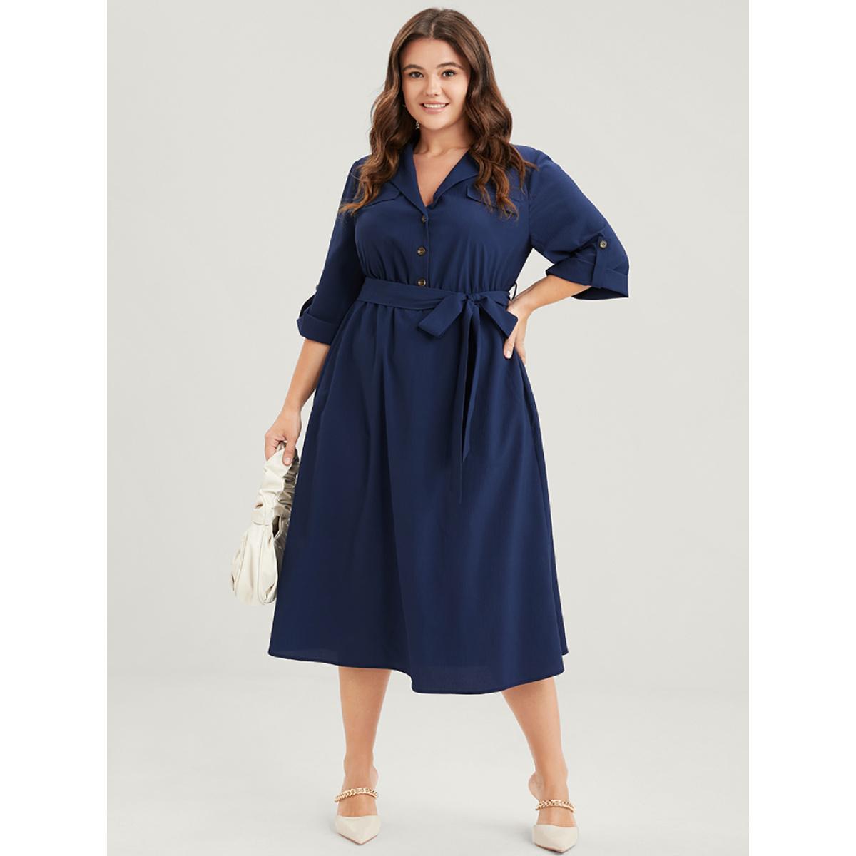 Plus Size Plain Button Cuffed Sleeve Pocket Belted Lapel Collar Dress DarkBlue Women Office Belted Lapel Collar Elbow-length sleeve Curvy Midi Dress BloomChic 12/L Product Image