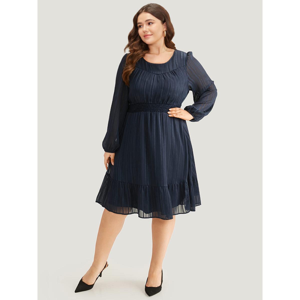 Plus Size Plisse Shirred Pocket Lantern Sleeve Dress DarkBlue Women Elegant Elastic cuffs Round Neck Long Sleeve Curvy Midi Dress BloomChic 28/5X Product Image