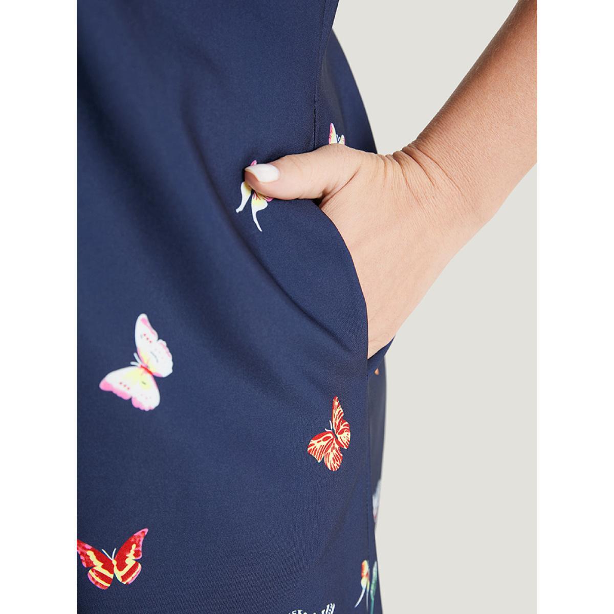 Plus Size Butterfly & Floral Round Neck Print Pocket Knee Dress Indigo Women Vacation Pocket Round Neck Short sleeve Curvy Knee Dress BloomChic 10/M Product Image