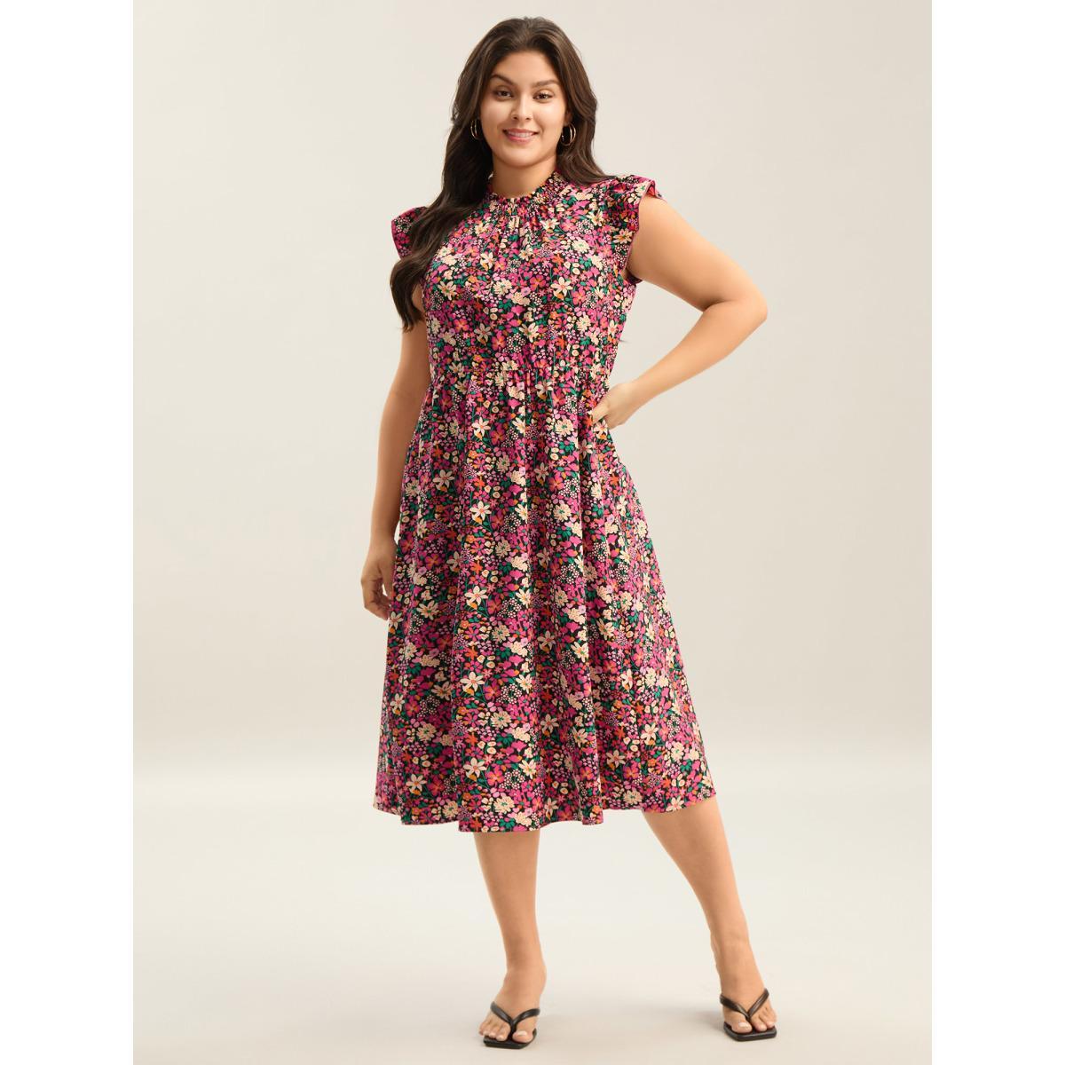 Plus Size Floral Print Shirred Pockets Midi Dress BlackFlower Women Elegant Frill Trim Mock Neck Cap Sleeve Curvy BloomChic 30/6X Product Image