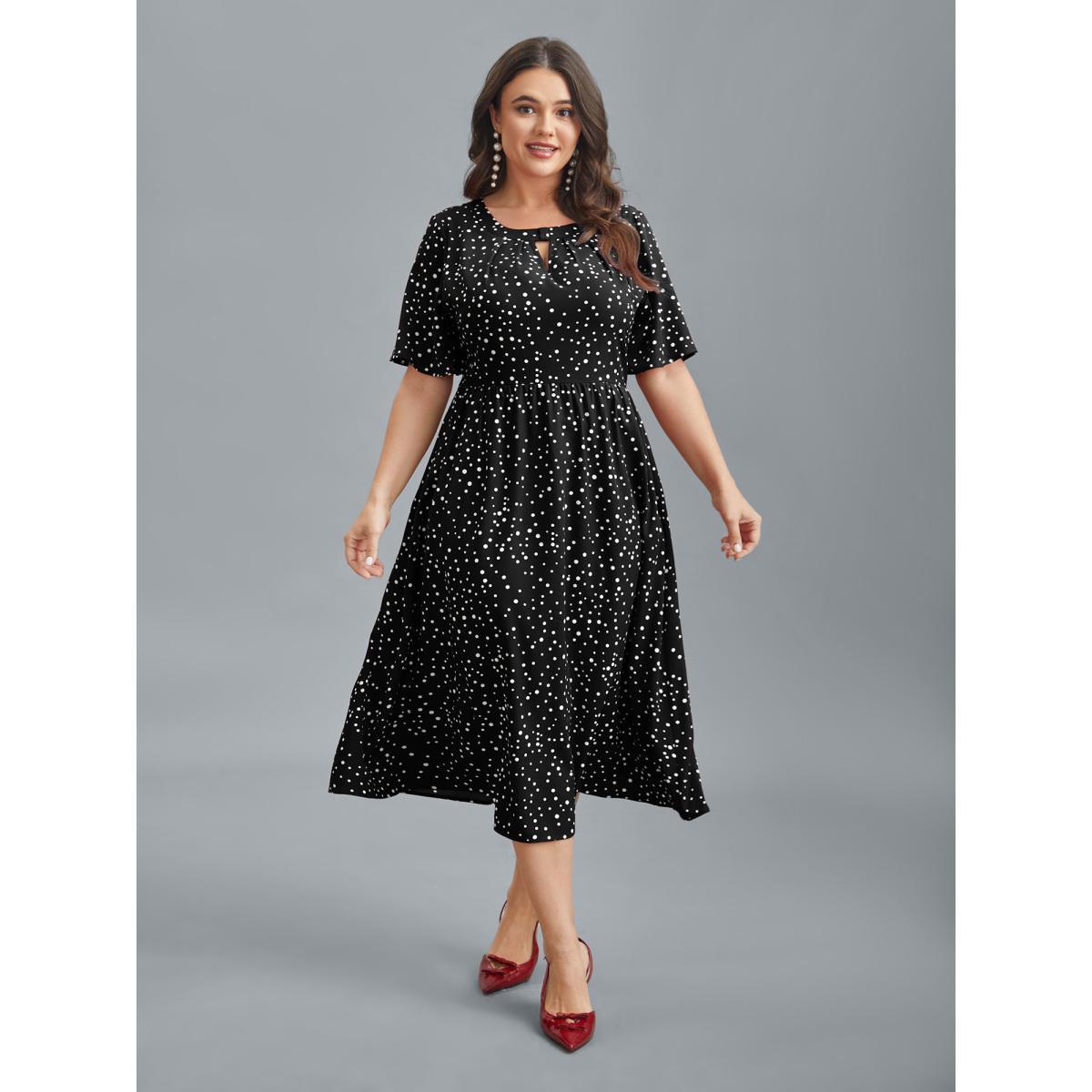 Plus Size Polka Dots Print Cut-Out Flutter Sleeve Midi Dress Black Women Elegant Pleated Round Neck Short sleeve Curvy BloomChic 26/4X Product Image