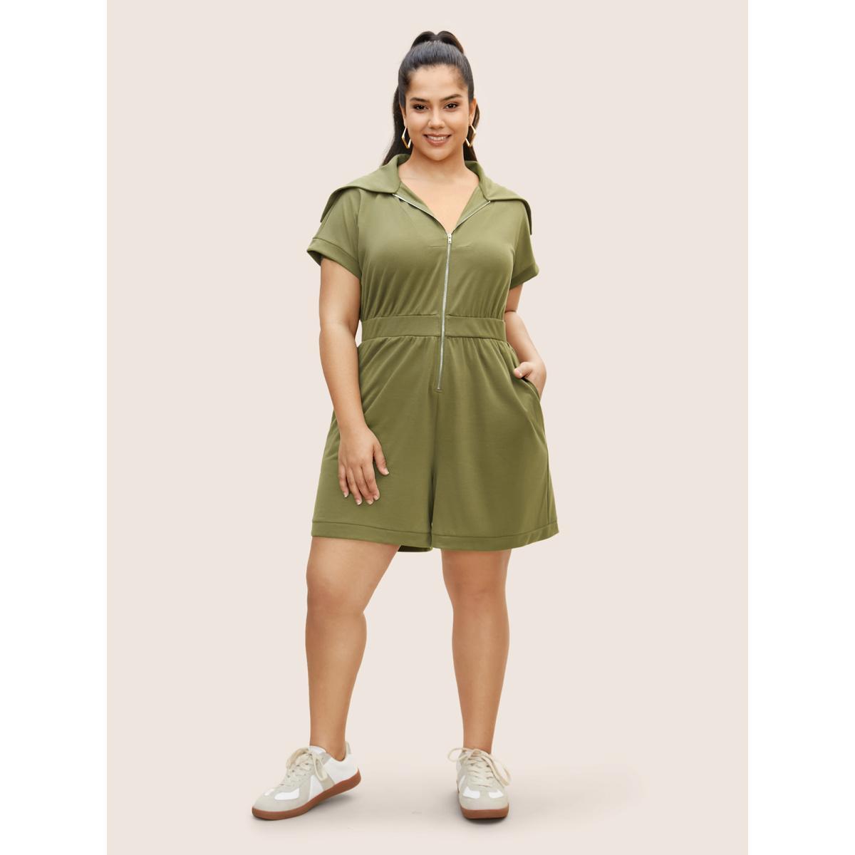Plus Size Moss Plain Sailor Collar Half Zip Jumpsuit Women Casual Cap Sleeve Sailor Collar Everyday Loose Jumpsuits BloomChic 26/4X Product Image