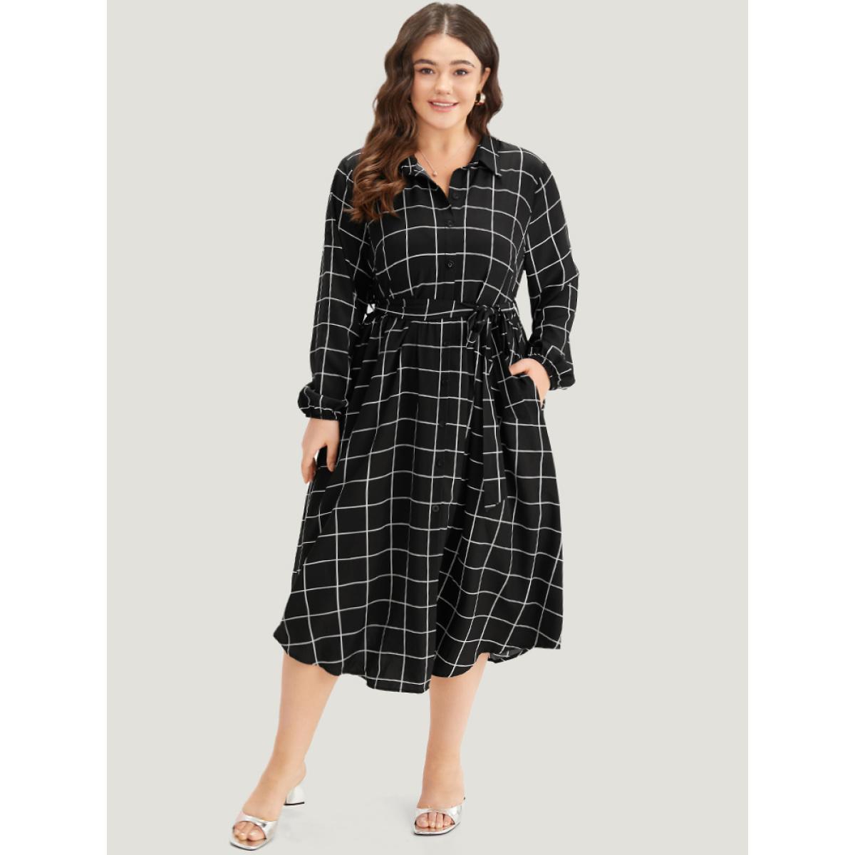 Plus Size Plaid Shirt Collar Belted Lantern Sleeve Dress Black Women At the Office Elastic cuffs Shirt collar Long Sleeve Curvy Midi Dress BloomChic 26/4X Product Image
