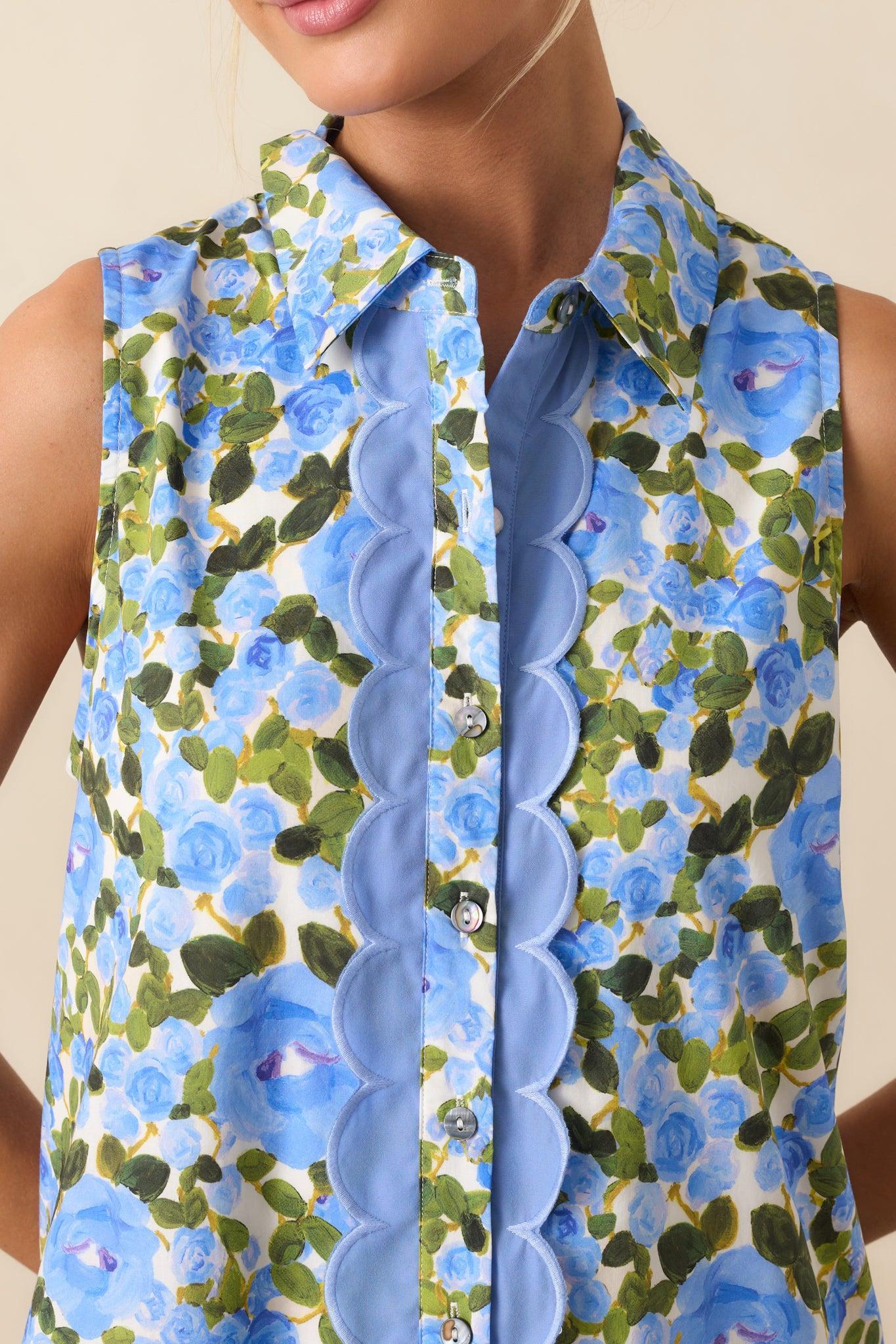 A Day To Remember Blue Floral Cotton Mini Shirt Dress Product Image