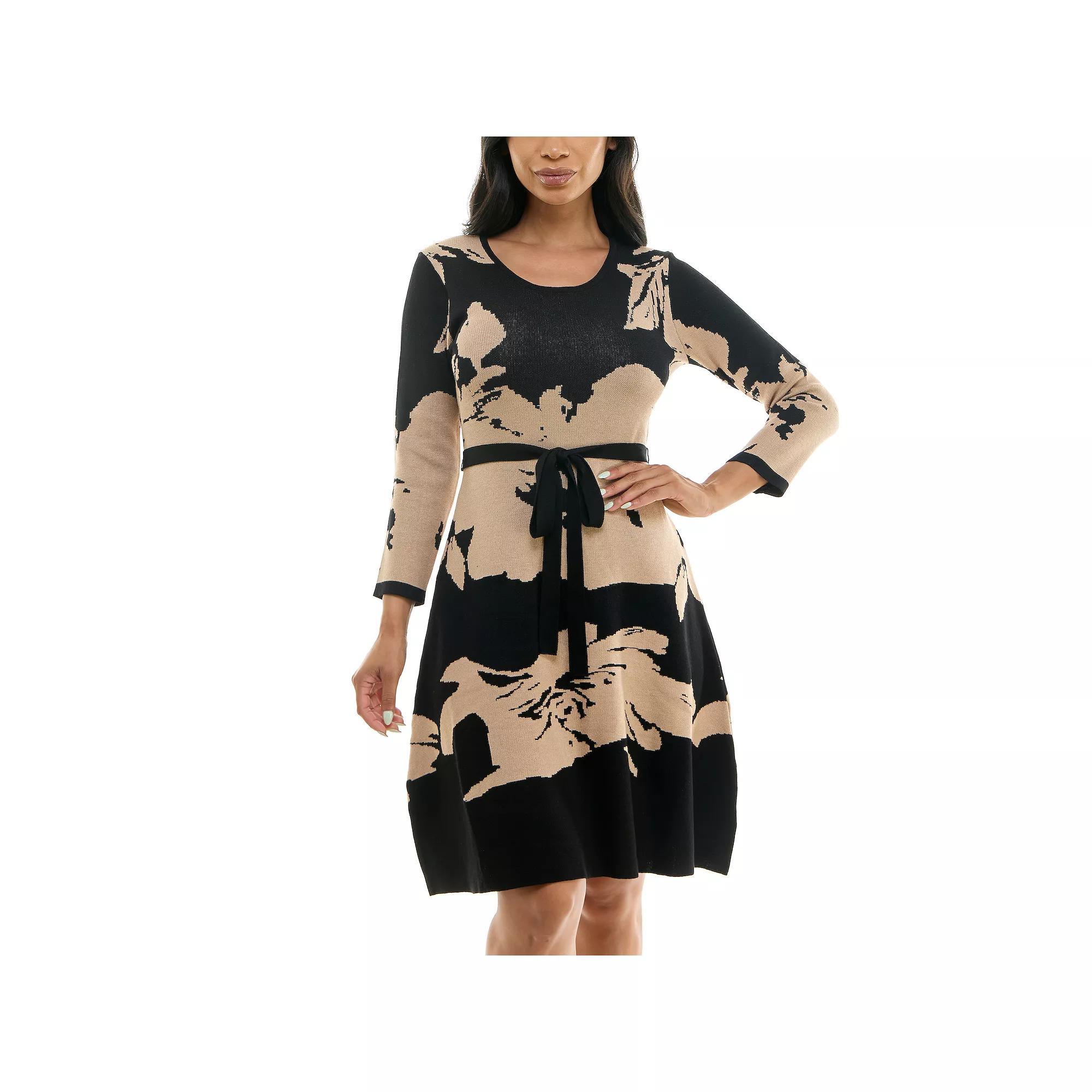 Women's Nina Leonard Fit & Flare Jacquard Midi Sweater Dress, Size: Medium, Black Ivory Product Image