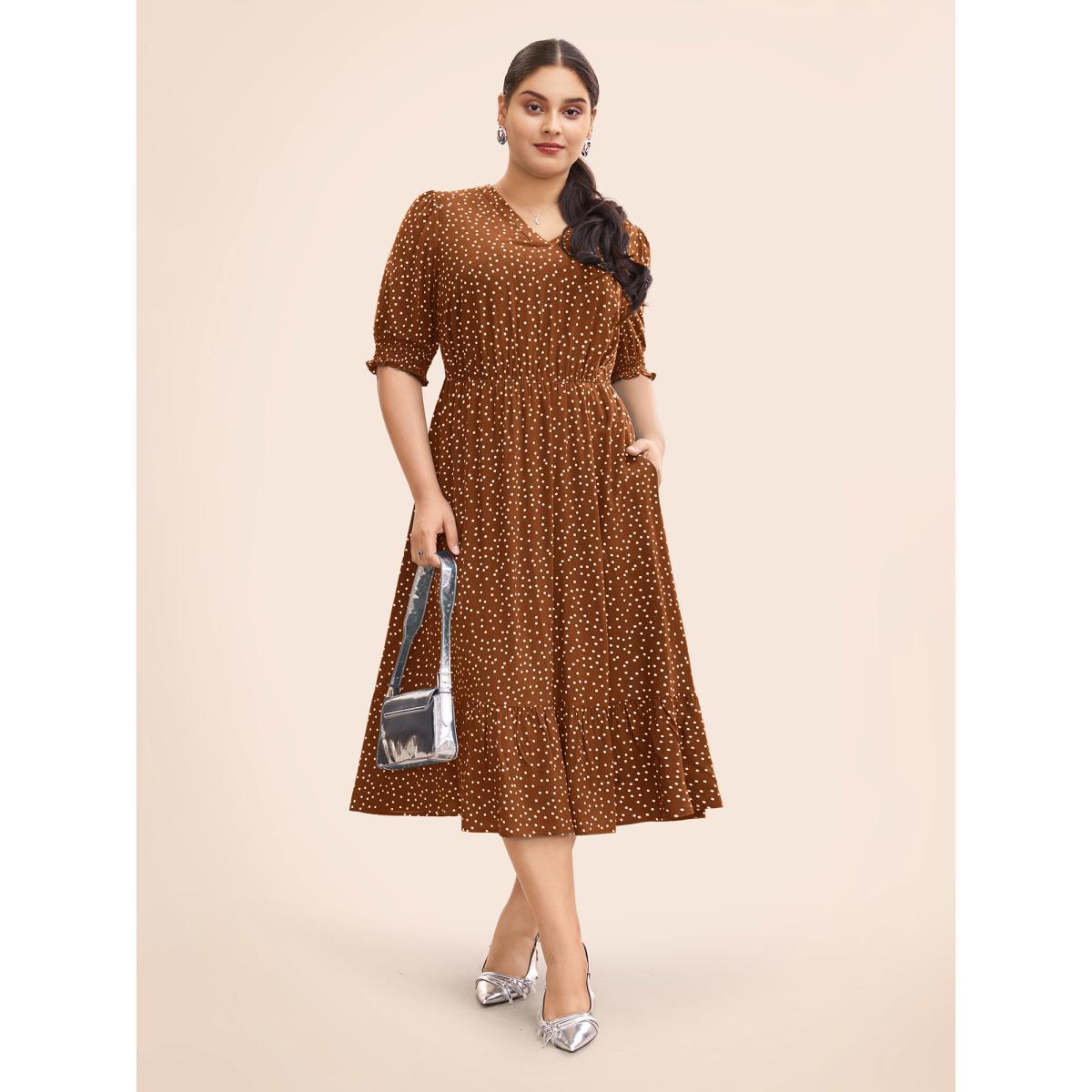 Plus Size Polka Dot Shirred Pocket Flutter Hem Dress Burgundy Women Office Printed V-neck Half Sleeve Curvy Midi Dress BloomChic 12/L Product Image