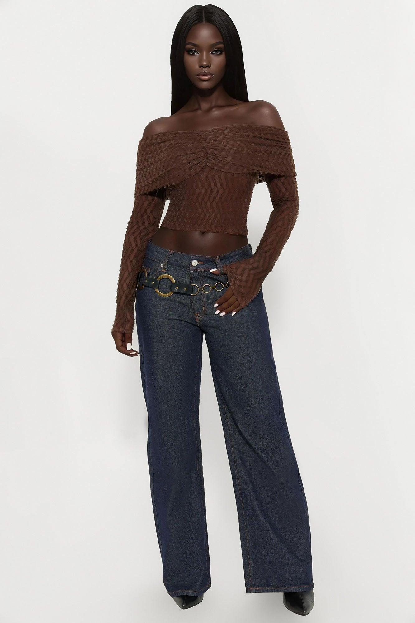 Minerva Off Shoulder Long Sleeve Top - Chocolate Product Image