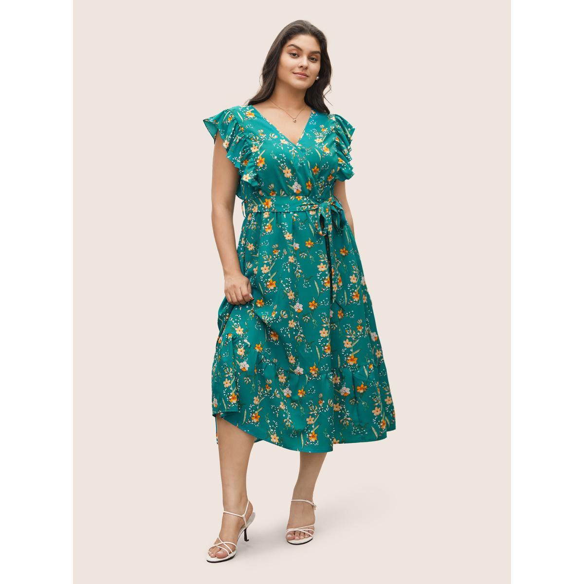 Plus Size Ditsy Floral Flutter Trim Pocket Layered Hem Dress Teal Women Elegant Non Overlap Collar Cap Sleeve Curvy Midi Dress BloomChic 18-20/2X Product Image