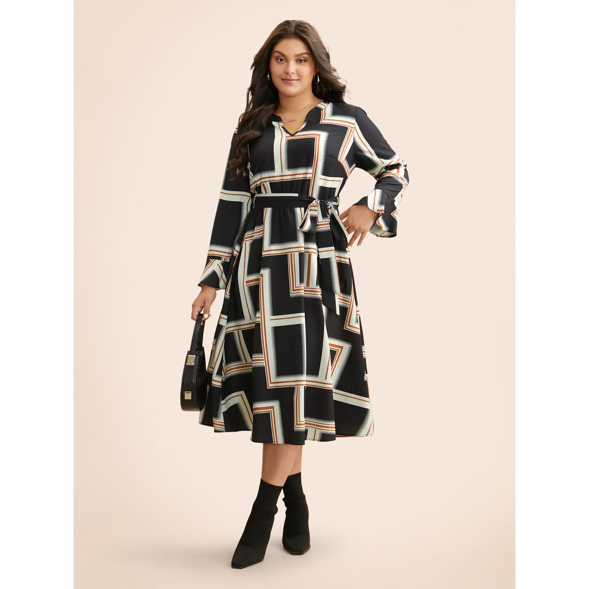 Plus Size Notched Collar Geometric Contrast Belted Dress Indigo Women At the Office Belted Notched collar Long Sleeve Curvy BloomChic 22-24/3X Product Image
