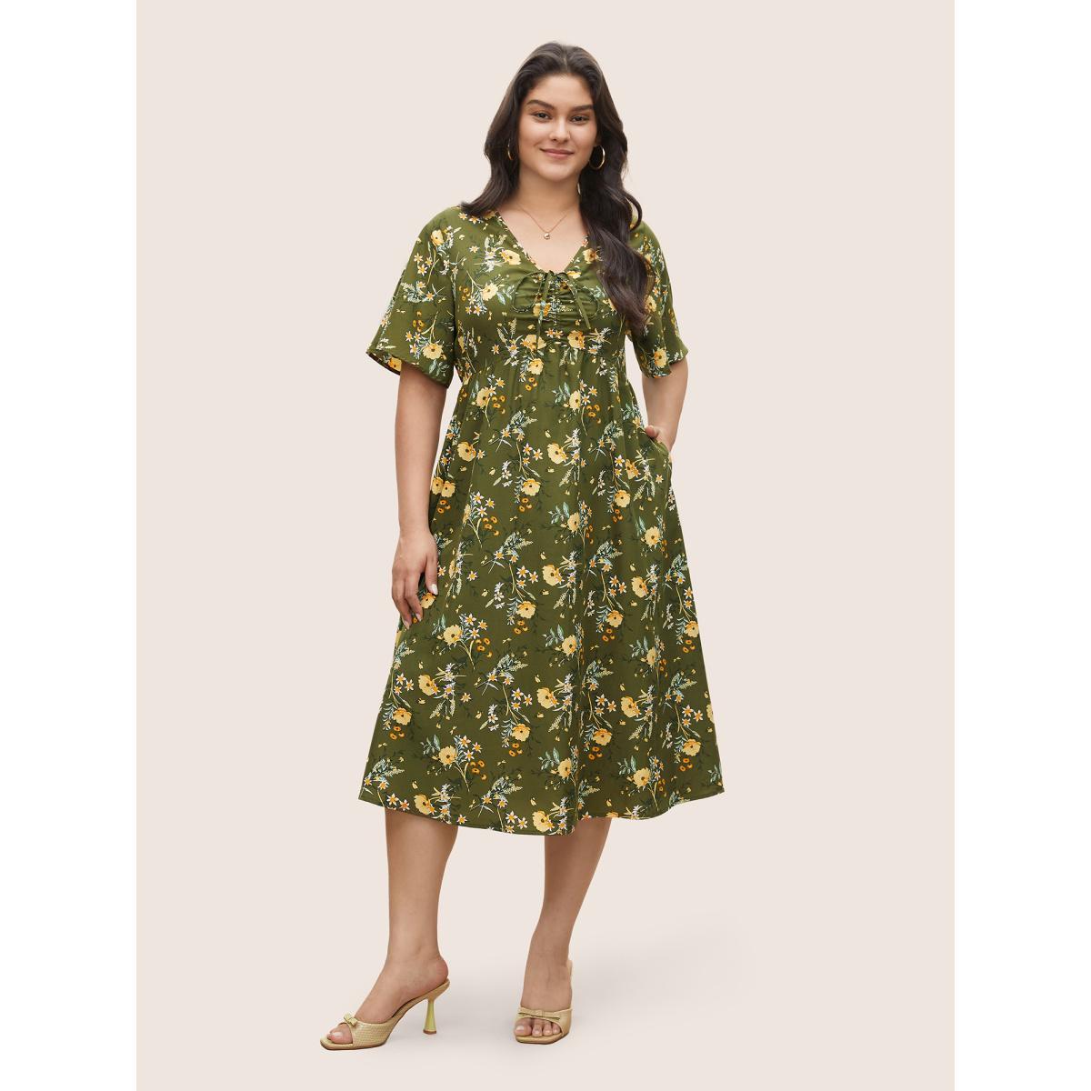 Plus Size Floral Elastic Waist Drawstring Pocket Dress Moss Women Elegant Non V-neck Short sleeve Curvy Midi Dress BloomChic 18-20/2X Product Image