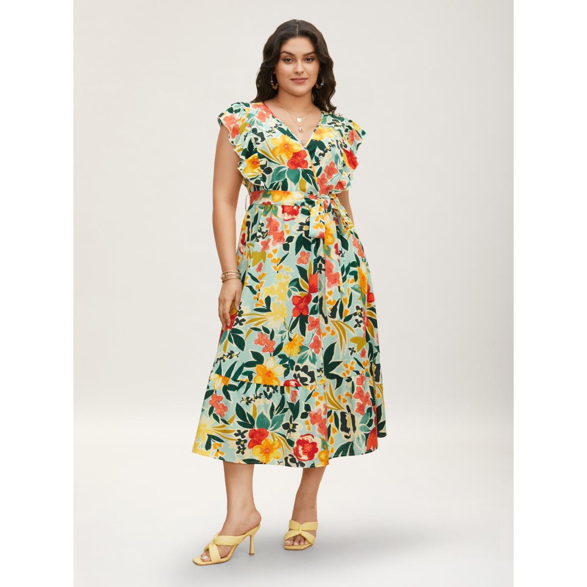 Plus Size Floral Wrap Patchwork Ruffle Cap Sleeve Dress LightBlue Women Resort Belted V-neck Cap Sleeve Curvy BloomChic 14-16/1X Product Image