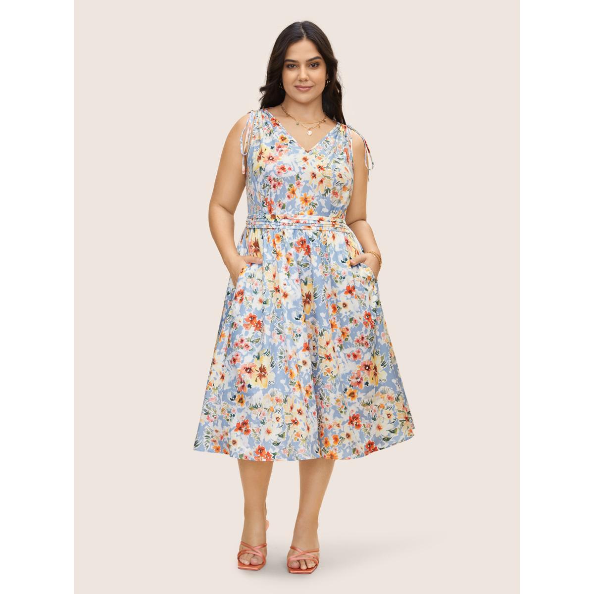 Plus Size Floral Pleated Drawstring Sleeveless Midi Dress Ivory Women Elegant Pleated V-neck Sleeveless Curvy BloomChic 26/4X Product Image
