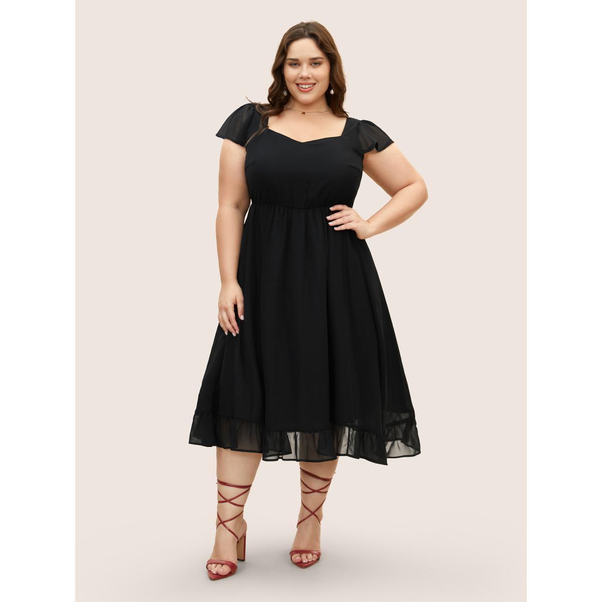 Plus Size Mesh Patchwork Ruffle Cap Sleeve Midi Dress Black Women Elegant See through Heart neckline Cap Sleeve Curvy BloomChic 26/4X Product Image