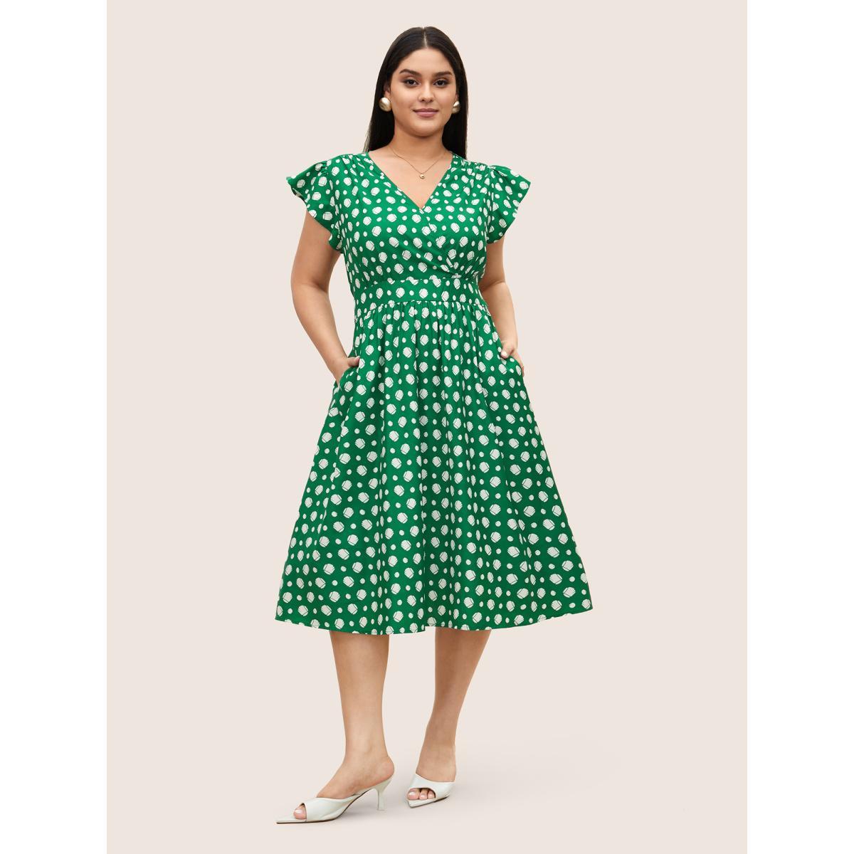Plus Size Graphic Wrap Gathered Ruffle Cap Sleeve Dress Emerald Women Elegant Non Overlap Collar Cap Sleeve Curvy Midi Dress BloomChic 12/L Product Image