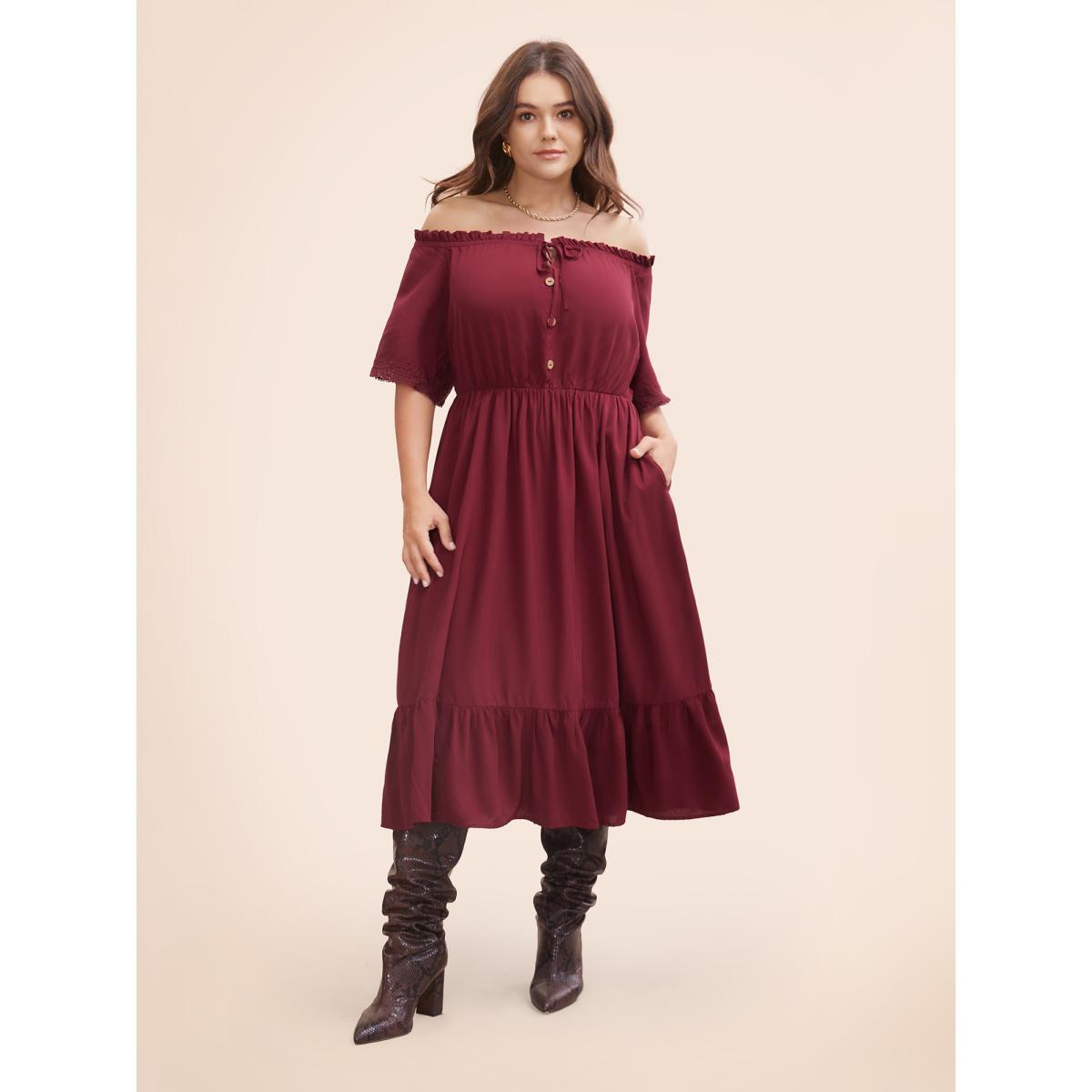 Plus Size Plain Off Shoulder Lace Trim Ruffle Hem Dress Burgundy Women Resort Woven ribbon&lace trim One-shoulder neck Half Sleeve Curvy BloomChic 30/6X Product Image