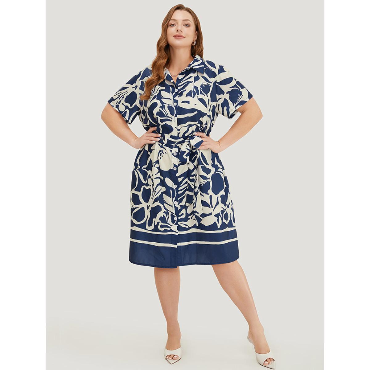 Plus Size Geometric Print Flutter Pocket Belt Shirt Collar Dress DarkBlue Women Elegant Lapel Collar Short sleeve Curvy Knee Dress BloomChic 28/5X Product Image
