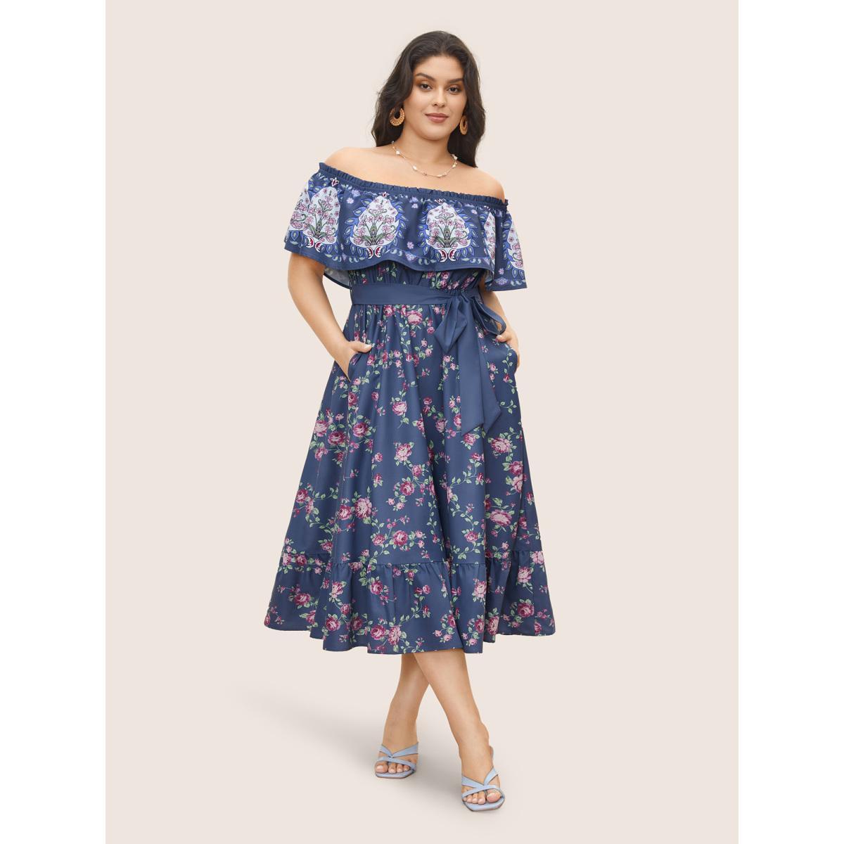 Plus Size Floral Off Shoulder Belted Frill Trim Dress SlateGray Women Resort Gathered One-shoulder neck Short sleeve Curvy Midi Dress BloomChic 22-24/3X Product Image