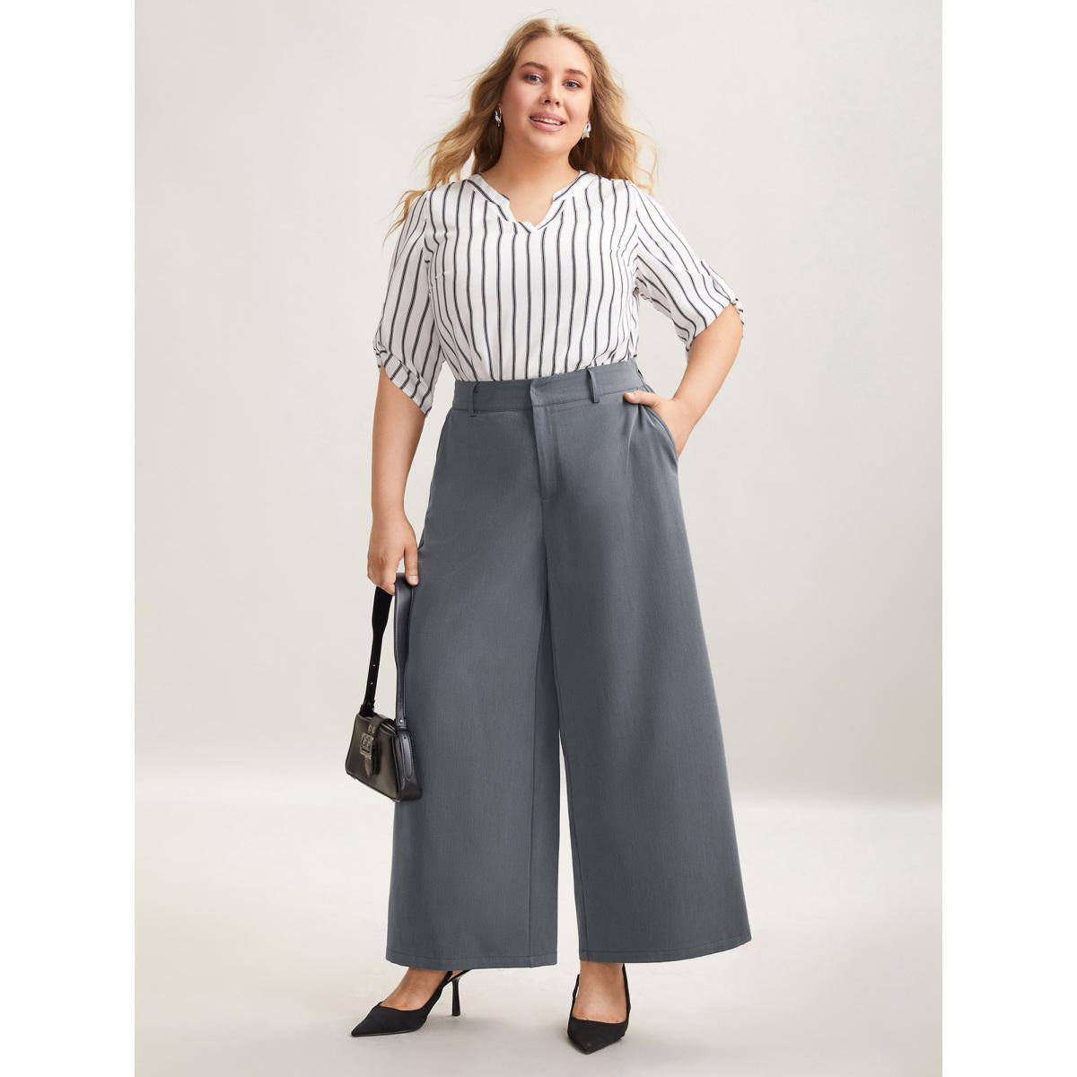 Plus Size Heathered Stretchy Waist Wide-Leg Pants Women DimGray At the Office Wide Leg Mid Rise Work Pants BloomChic 28/5X Product Image