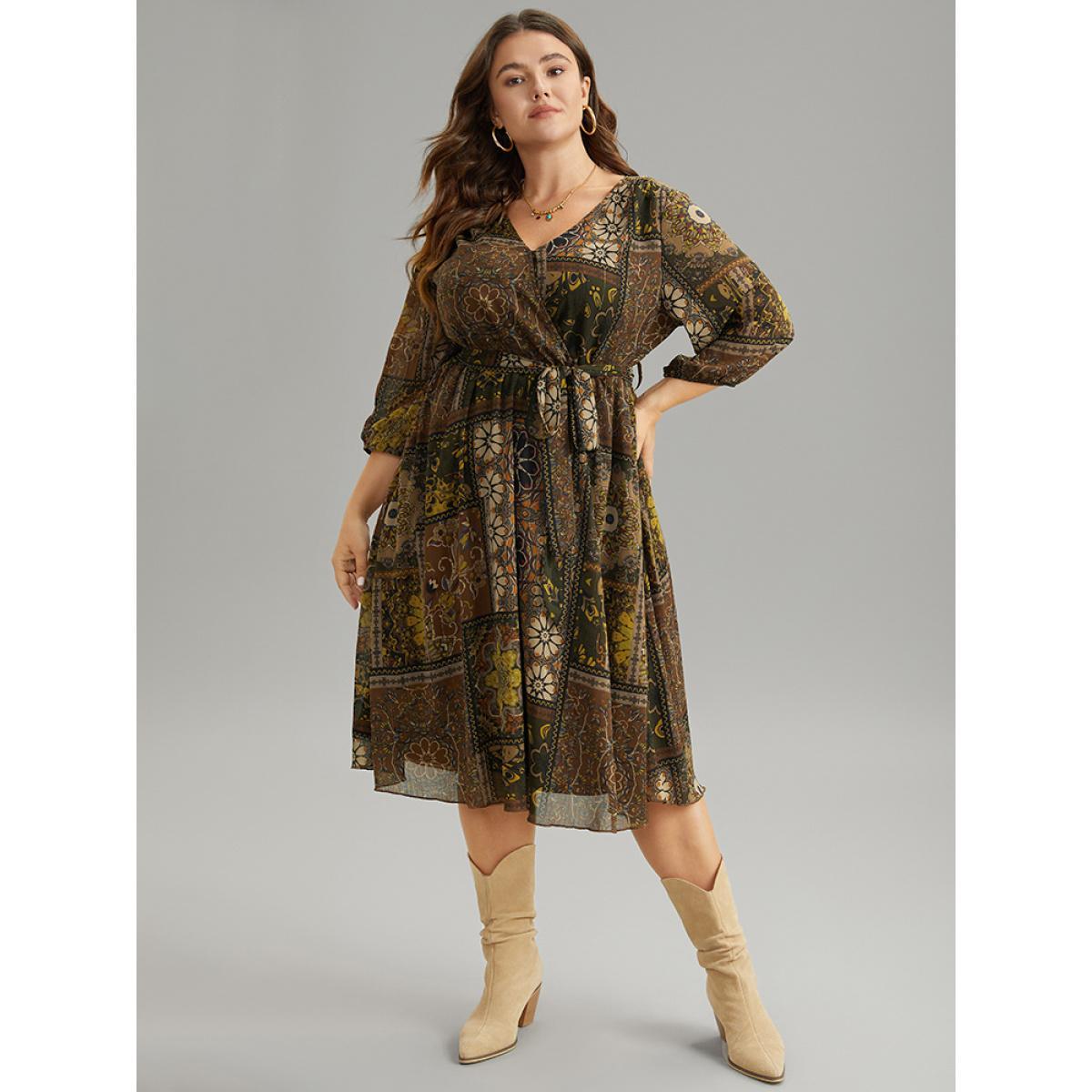 Plus Size Boho Print Wrap Elastic Waist Belted Dress LightBrown Women Vacation Elastic cuffs V-neck Elbow-length sleeve Curvy Midi Dress BloomChic 30/6X Product Image