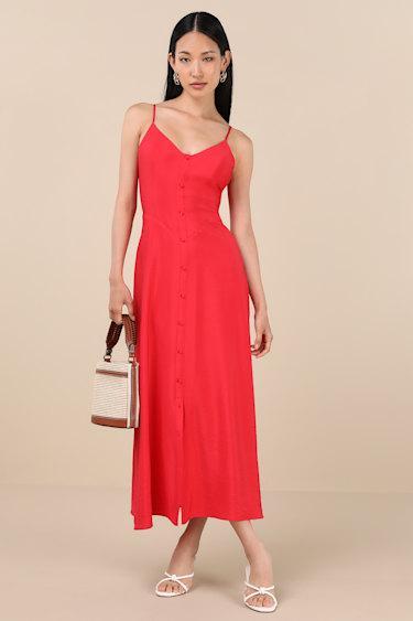 Sanya Red Button-Front Sleeveless Midi Dress Product Image