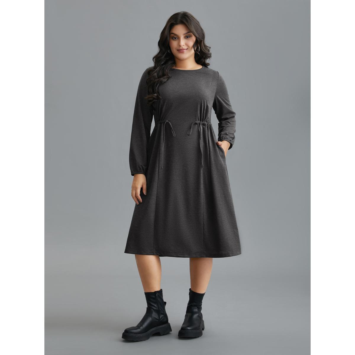 Plus Size Elastic Waist Tie Round Neck Knit Midi Dress DarkGray Women Casual Drawstring Knit Dresses Bloomchic 18-20/2X Product Image