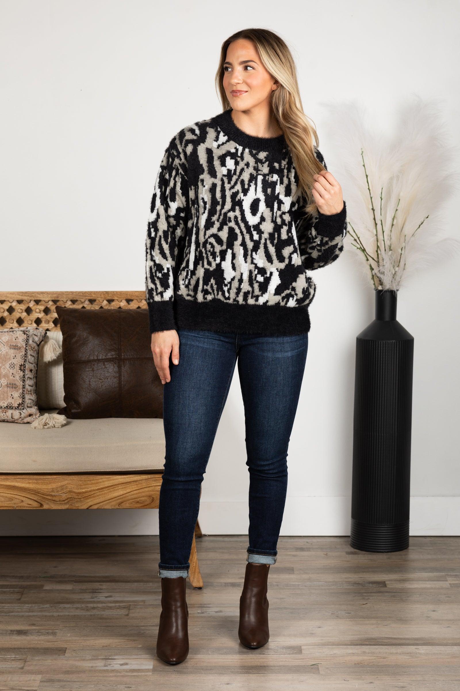 Black Animal Print Crewneck Sweater Product Image