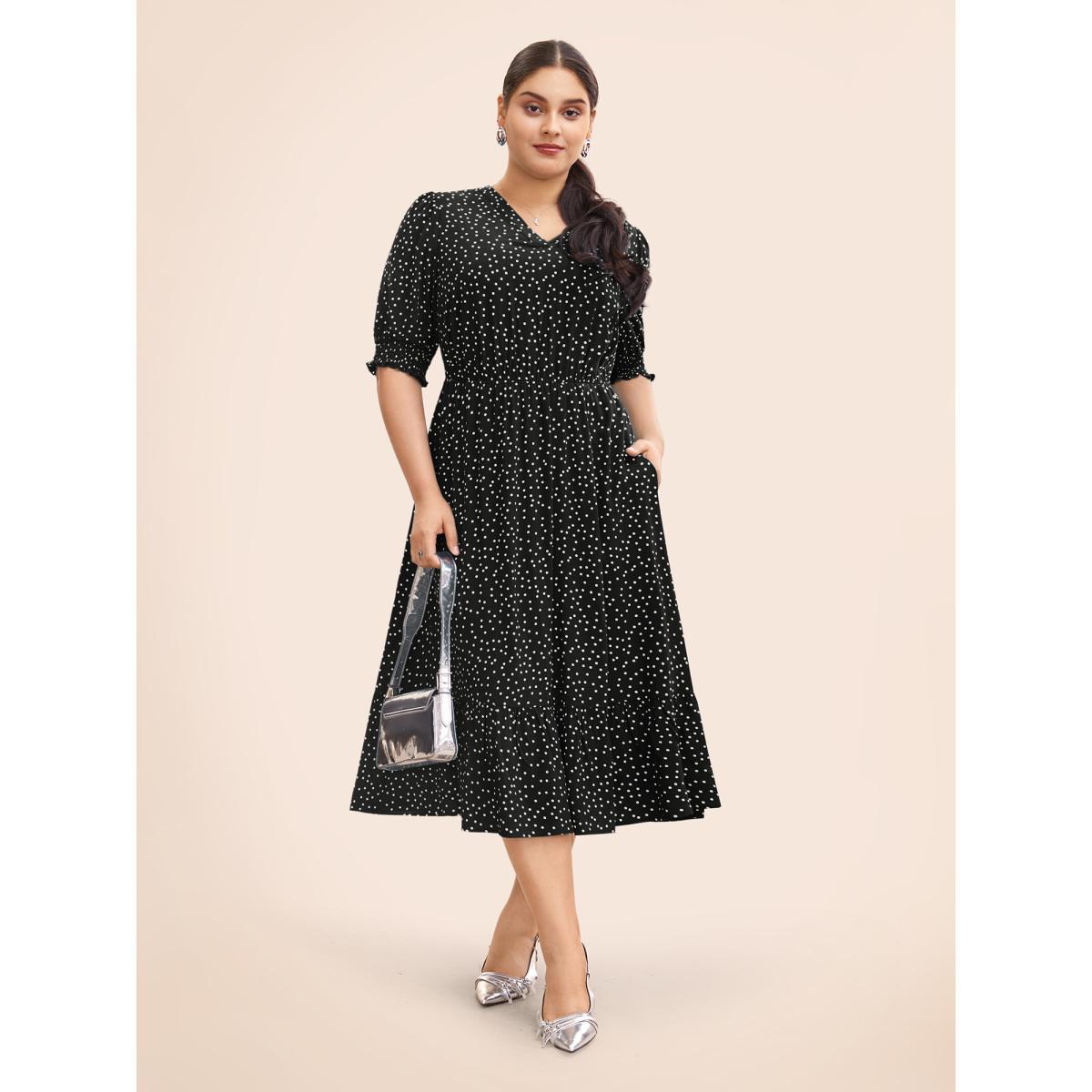 Plus Size Polka Dot Shirred Pocket Flutter Hem Dress Black Women Office Printed V-neck Half Sleeve Curvy Midi Dress BloomChic 22-24/3X Product Image