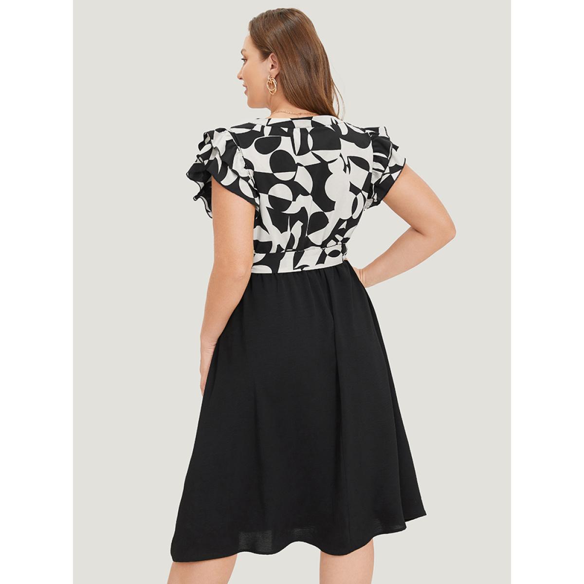 Plus Size Geometric Pocket Belted Ruffle Sleeve Notched Dress White Women Office Plain Notched collar Cap Sleeve Curvy Midi Dress BloomChic 18-20/2X Product Image