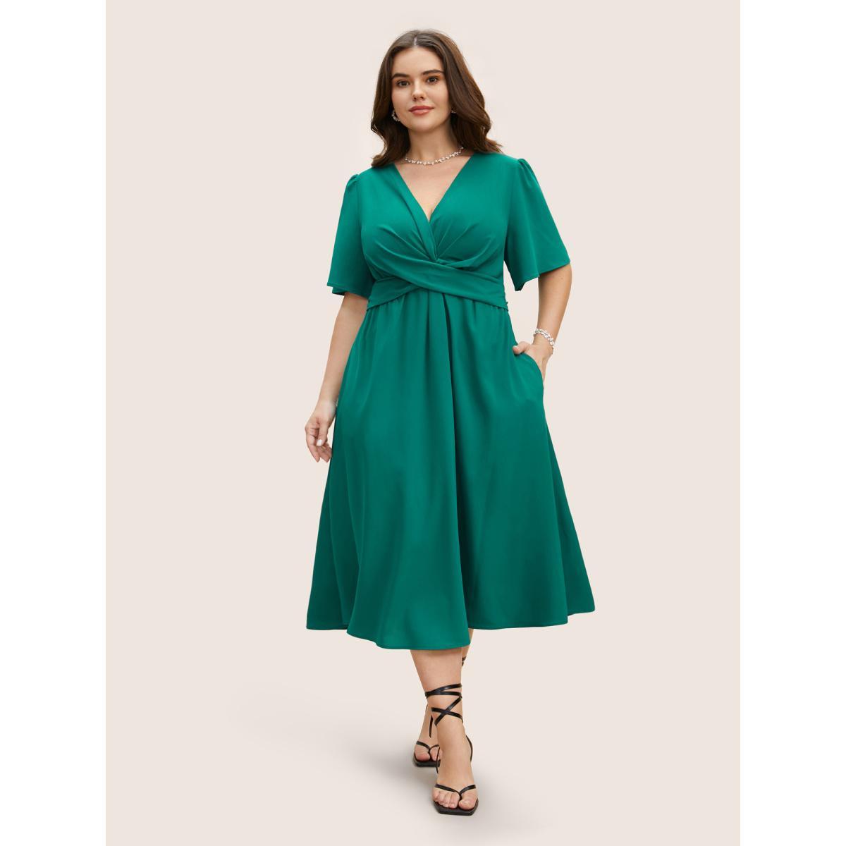 Plus Size Solid Shirred Crossover Flutter Sleeve Dress Emerald Women Elegant Twist V-neck Short sleeve Curvy BloomChic 30/6X Product Image