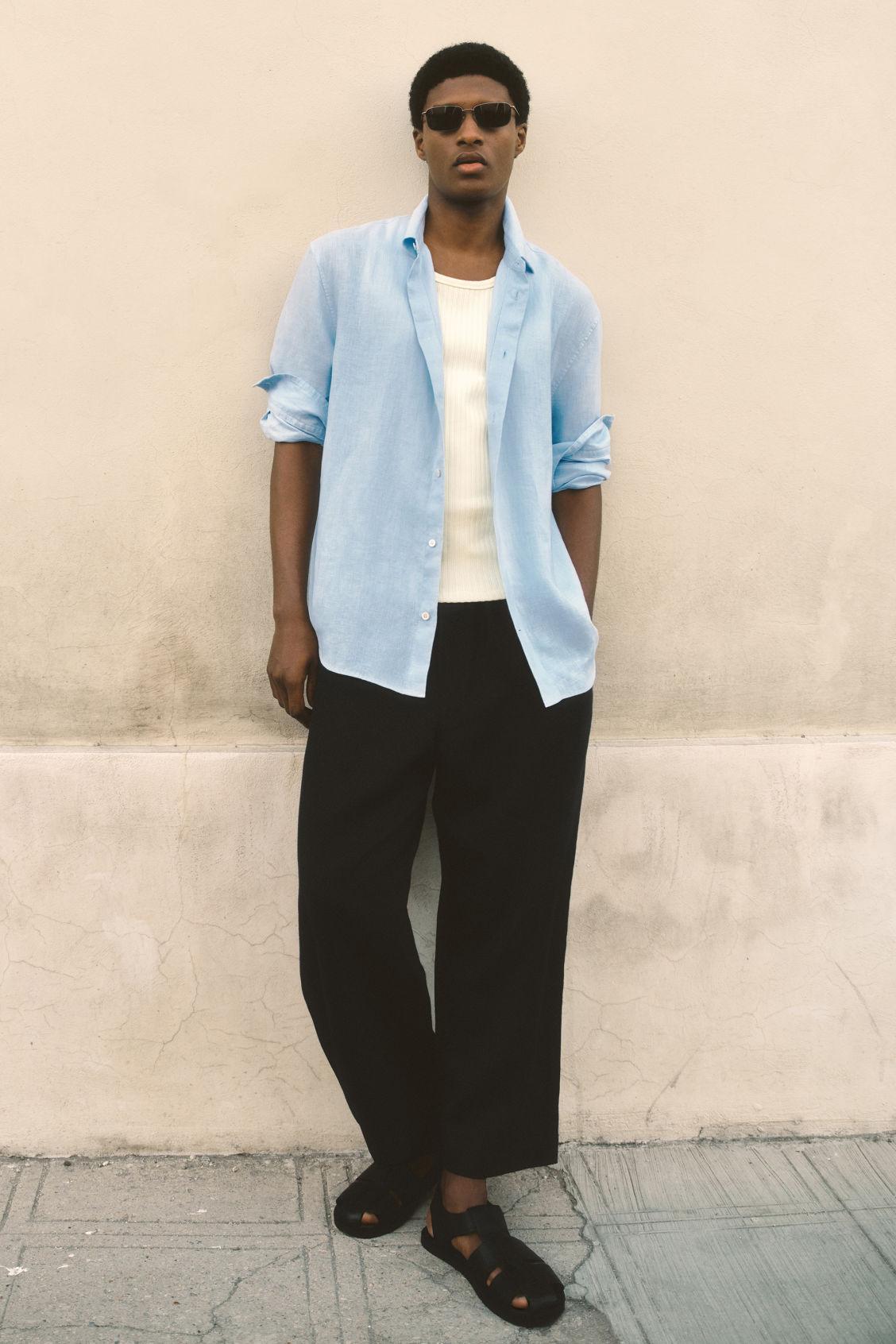 ELASTICATED LINEN WIDE-LEG TROUSERS Product Image