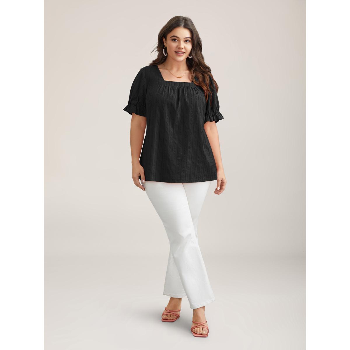 Plus Size Black Cotton Square Neck Ruffled Sleeve Shirt Women Elegant Short sleeve Square Neck Everyday Blouses BloomChic 12/L Product Image