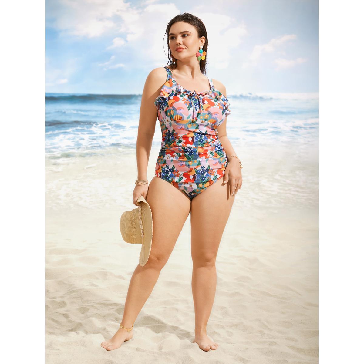 Plus Size Floral Tie Knot Ruffle Trim One Piece Swimsuit Women's Swimwear Multicolor Beach Tie knot Curve Bathing Suits High stretch One Pieces BloomChic 14-16/1X Product Image