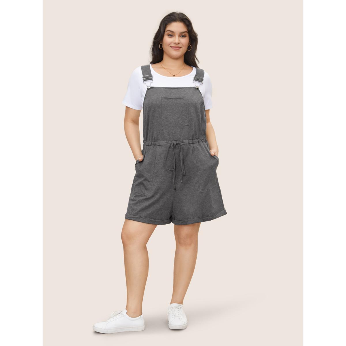 Plus Size DimGray Solid Pocket Drawstring Overall Romper Women Casual Sleeveless Non Everyday Loose Jumpsuits BloomChic 26/4X Product Image
