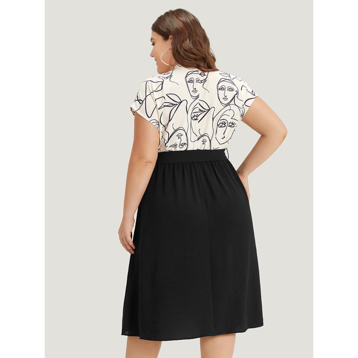 Plus Size Figure Graffiti Notched Patchwork Belted Dress Ivory Women Office Lined Notched collar Short sleeve Curvy Midi Dress BloomChic 18-20/2X Product Image