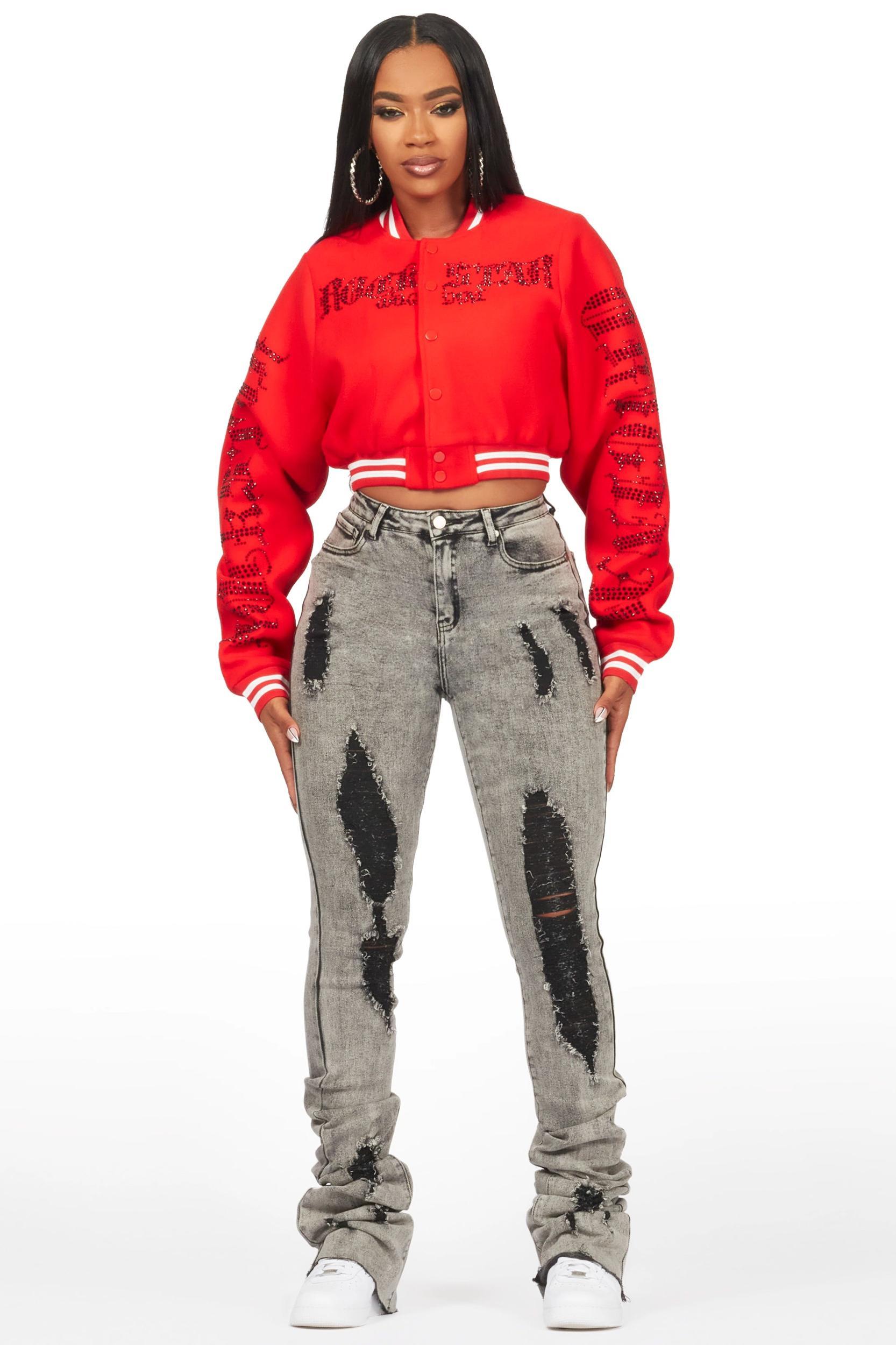 Gianni Red Crop Rhinestone Varsity Jacket Female Product Image