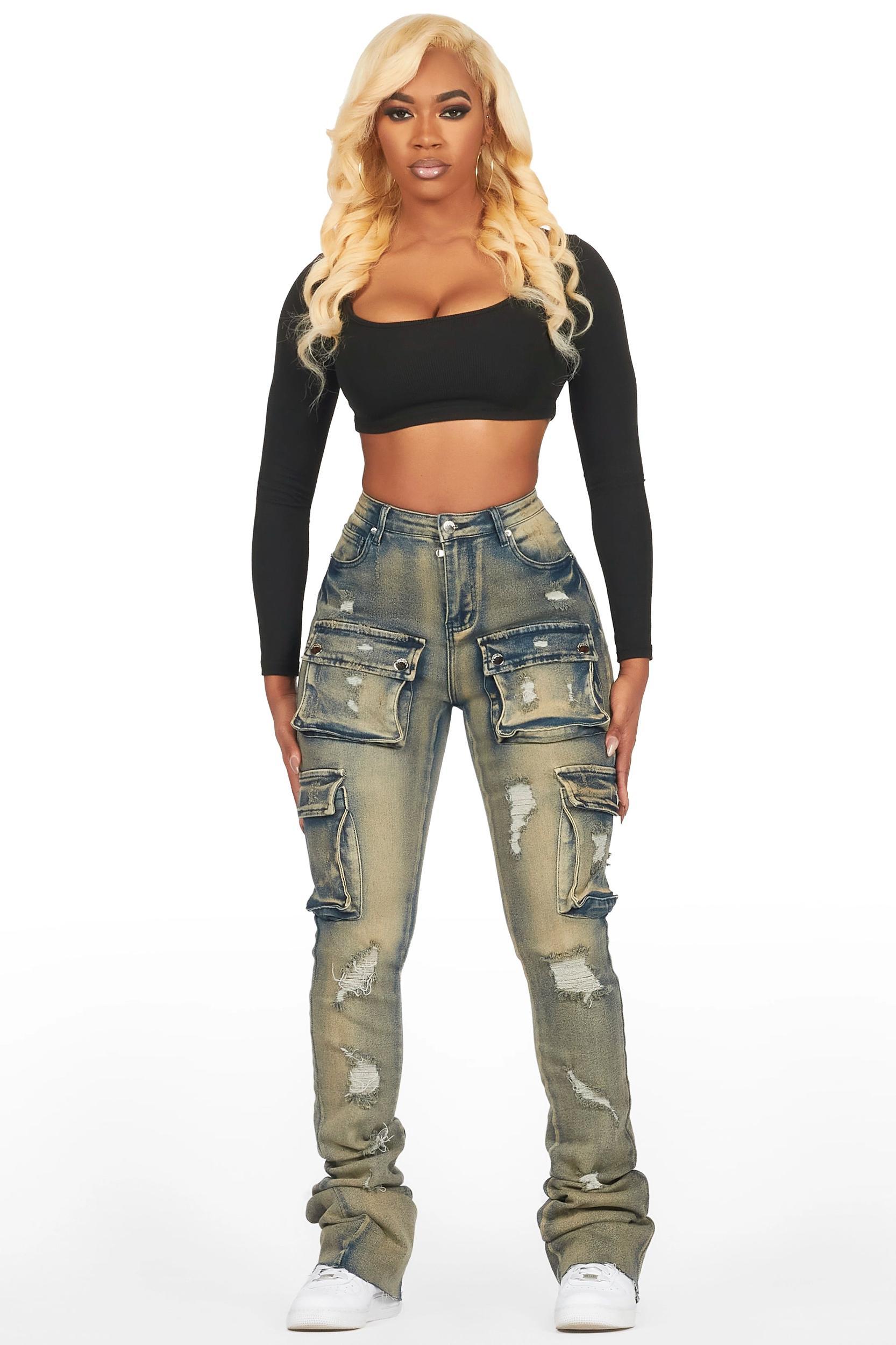 Noor Tinted Dark Wash Cargo Super Stacked Jean Female Product Image