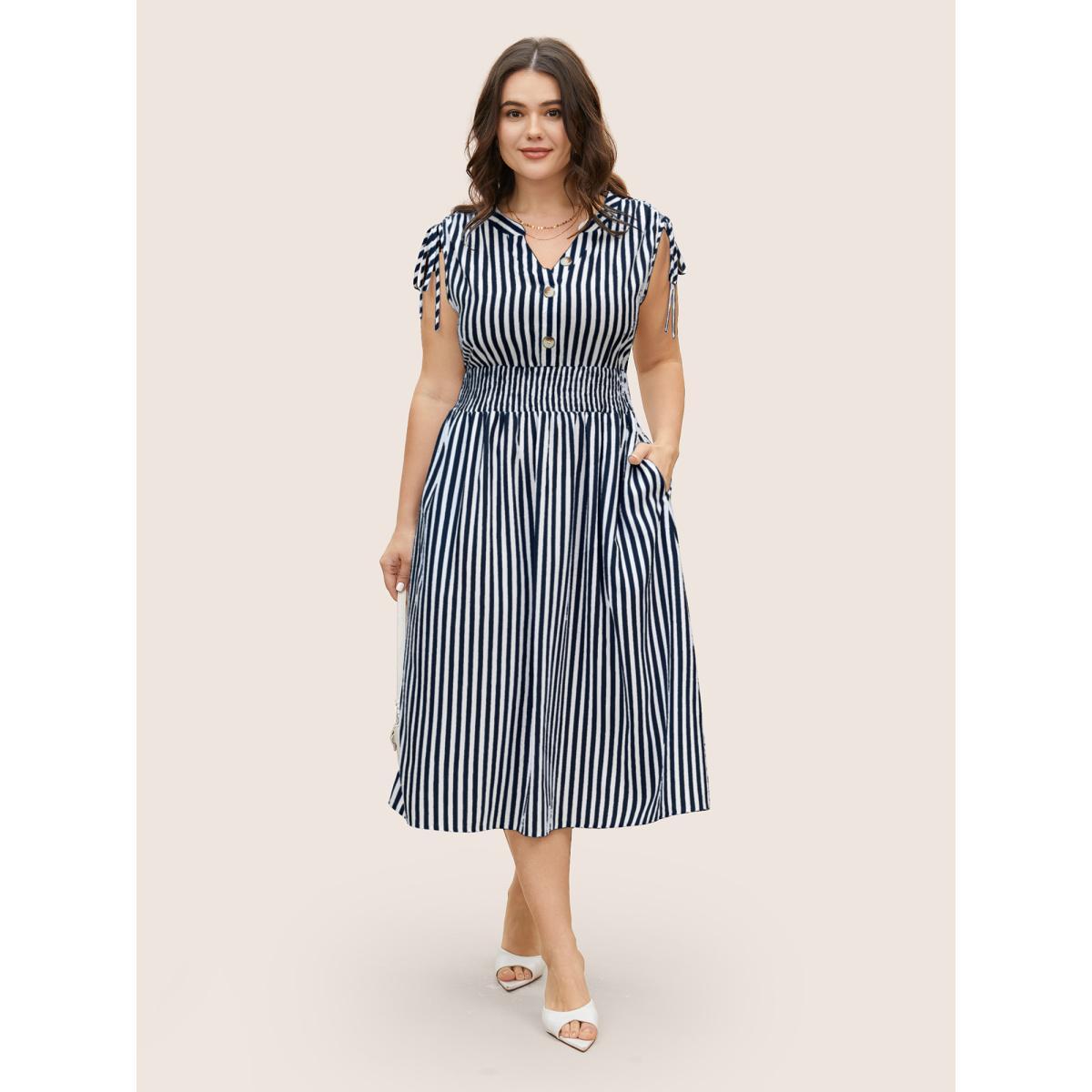 Plus Size Striped Drawstring Shirred Dolman Sleeve Dress Indigo Women Work From Home Drawstring Flat collar with V-notch Sleeveless Curvy BloomChic 10/M Product Image